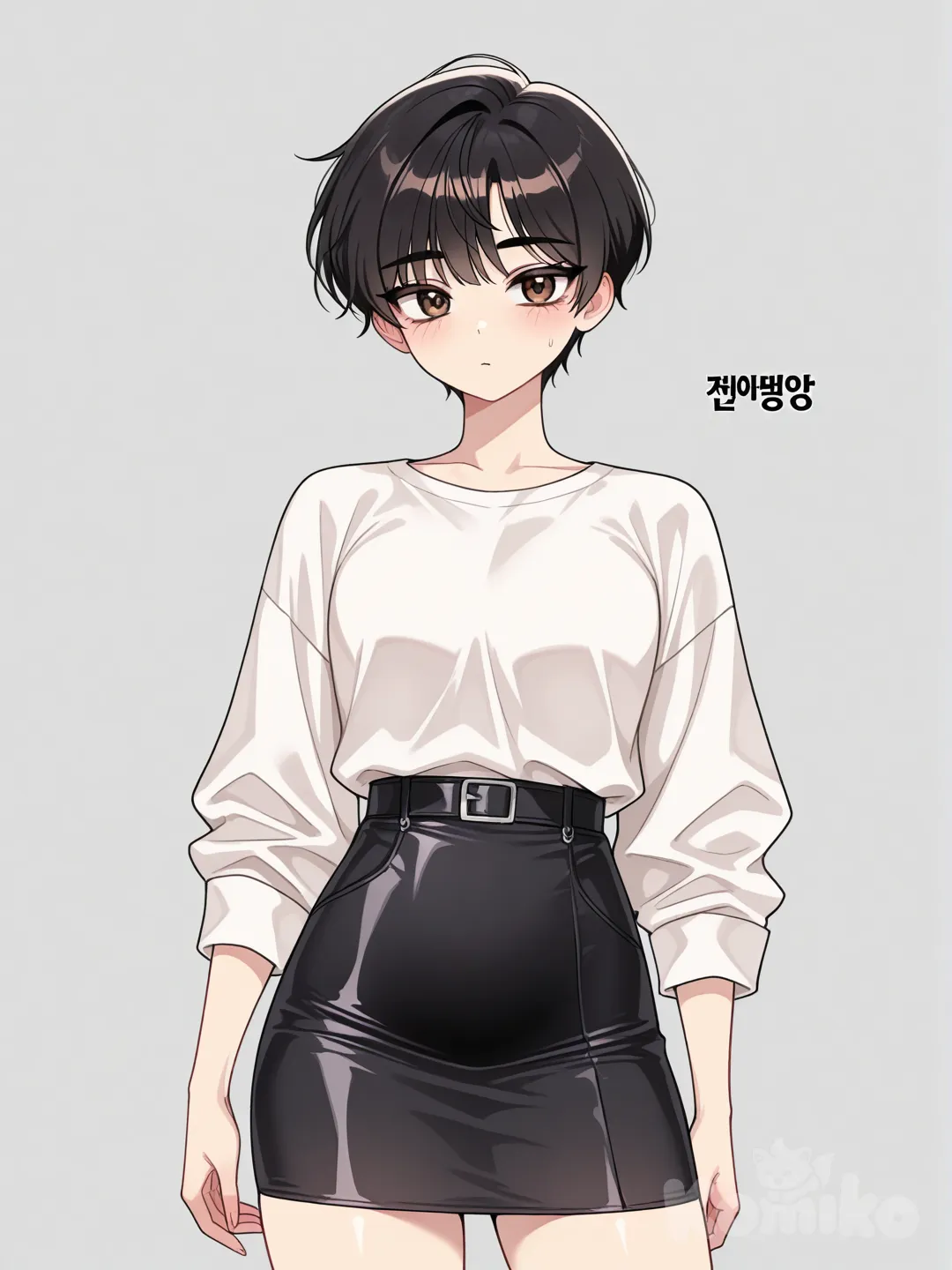 solo leveling manhwa style, A young-mid 20-woman, fair skin, short black pixie hair, side bangs, and brown eyes, wearing a white shirt with a tight black skirt.