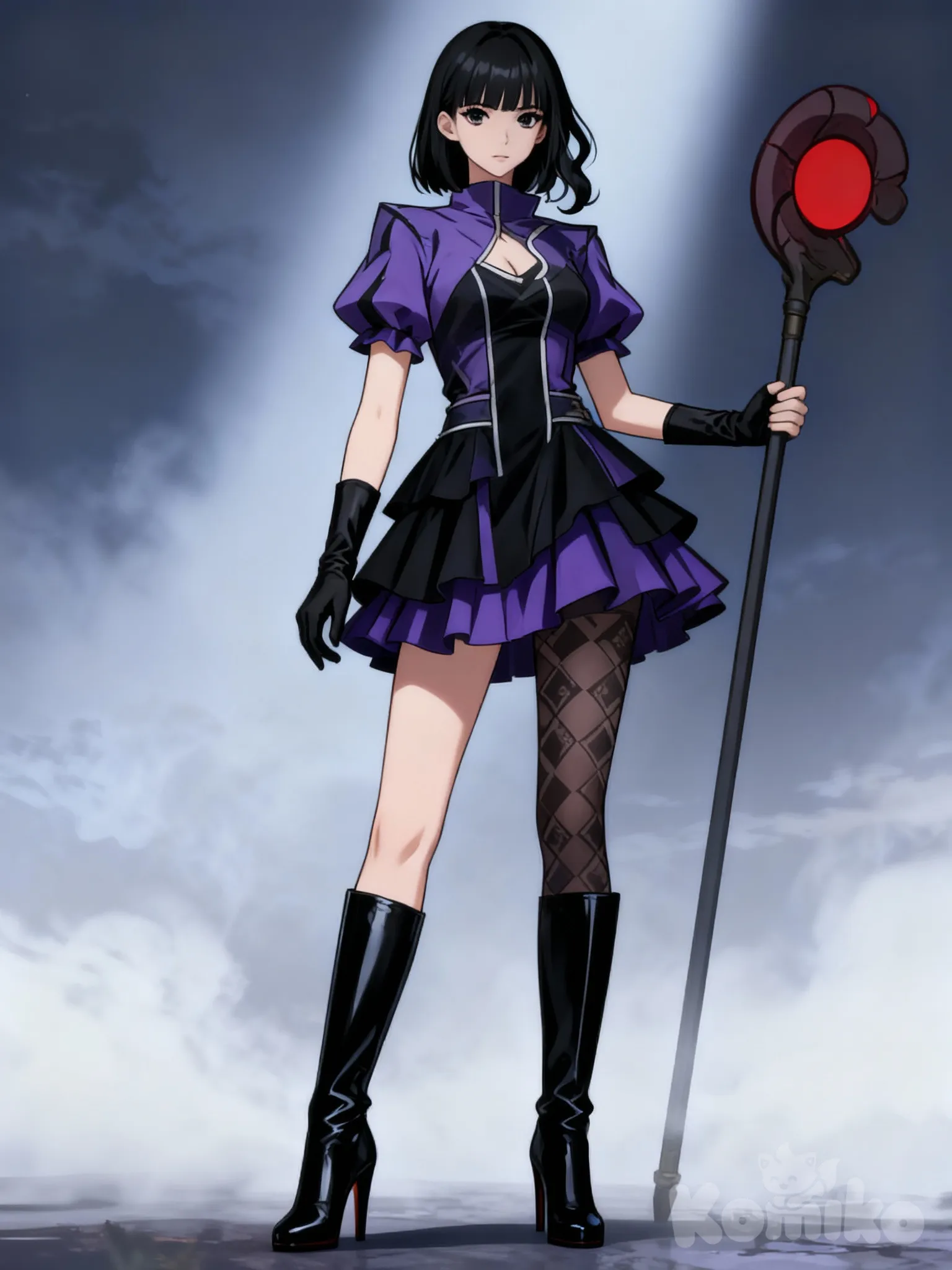 solo leveling style, A female hunter, a witch healer, in her mid-twenties, with fair skin, black eyes, straight wavy, short black hair, a side bangs, and a short witch's outfit layerd dress, purple and black, with patterned stockings, black heel boots, gloves.
