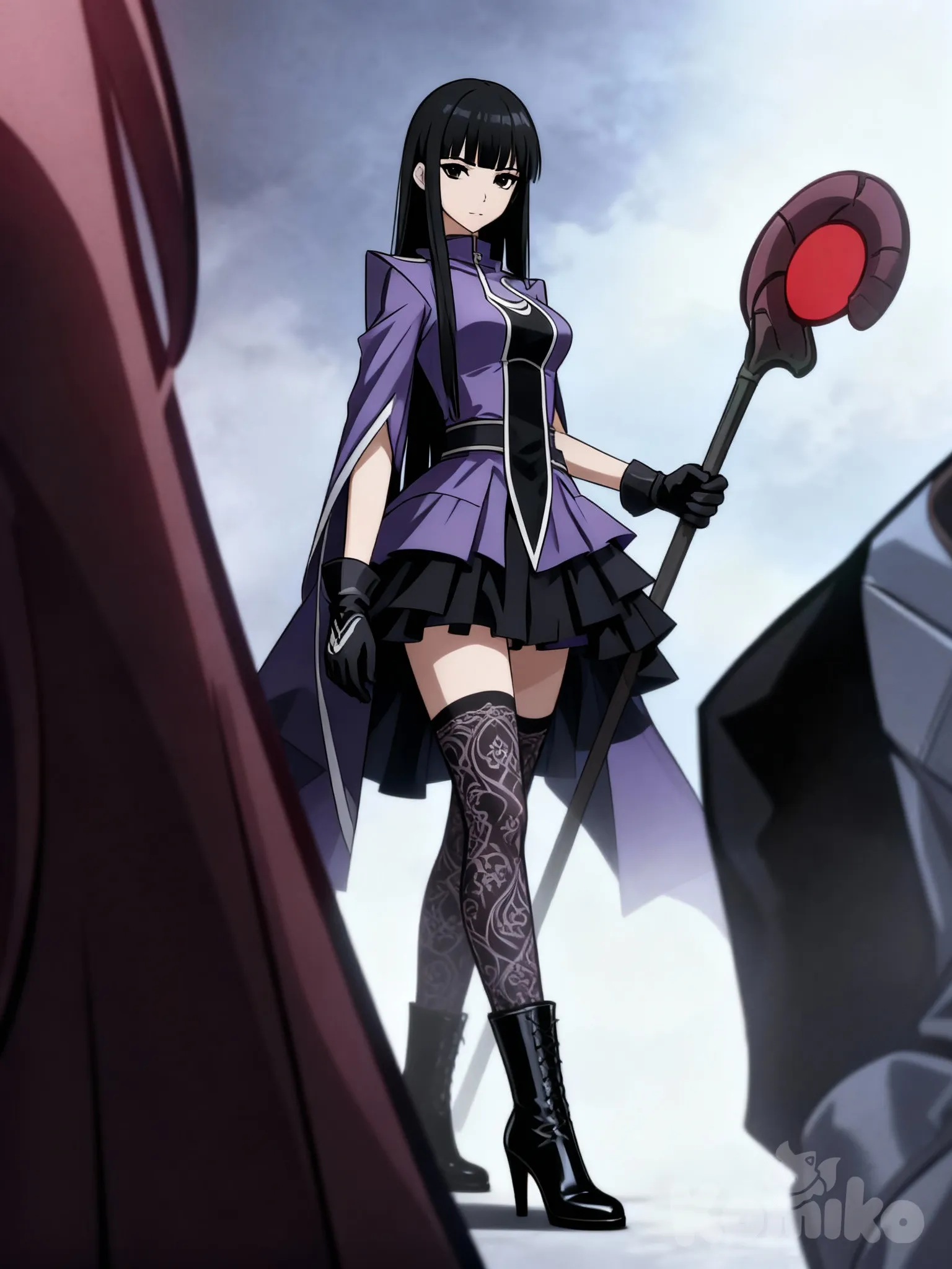solo leveling style, A female hunter, a witch healer, in her mid-twenties, with fair skin, black eyes, straight black hair, a side bangs, and a short witch's outfit layerd dress, purple and black, with patterned stockings, black heel boots, gloves.