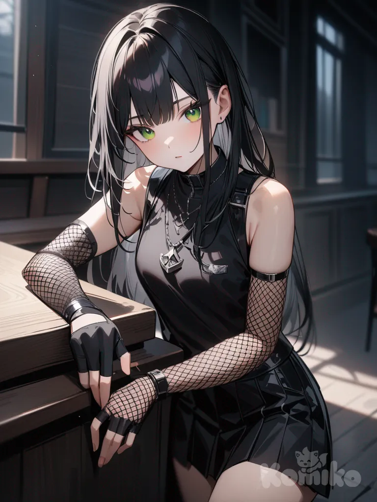 long black hair with straight bangs, 19 years old, red and black plaid pleated mini skirt, black sleeveless top, left arm with long black fishnet glove, right hand with short black fingerless glove, green eyes, small colored details in the hair.