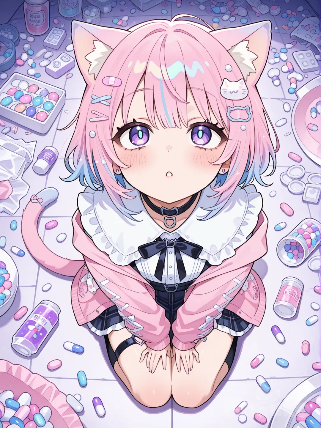 Top view of a cat girl with a greedy and yearning expression surrounded by many pills of different colors, sizes and thicknesses.