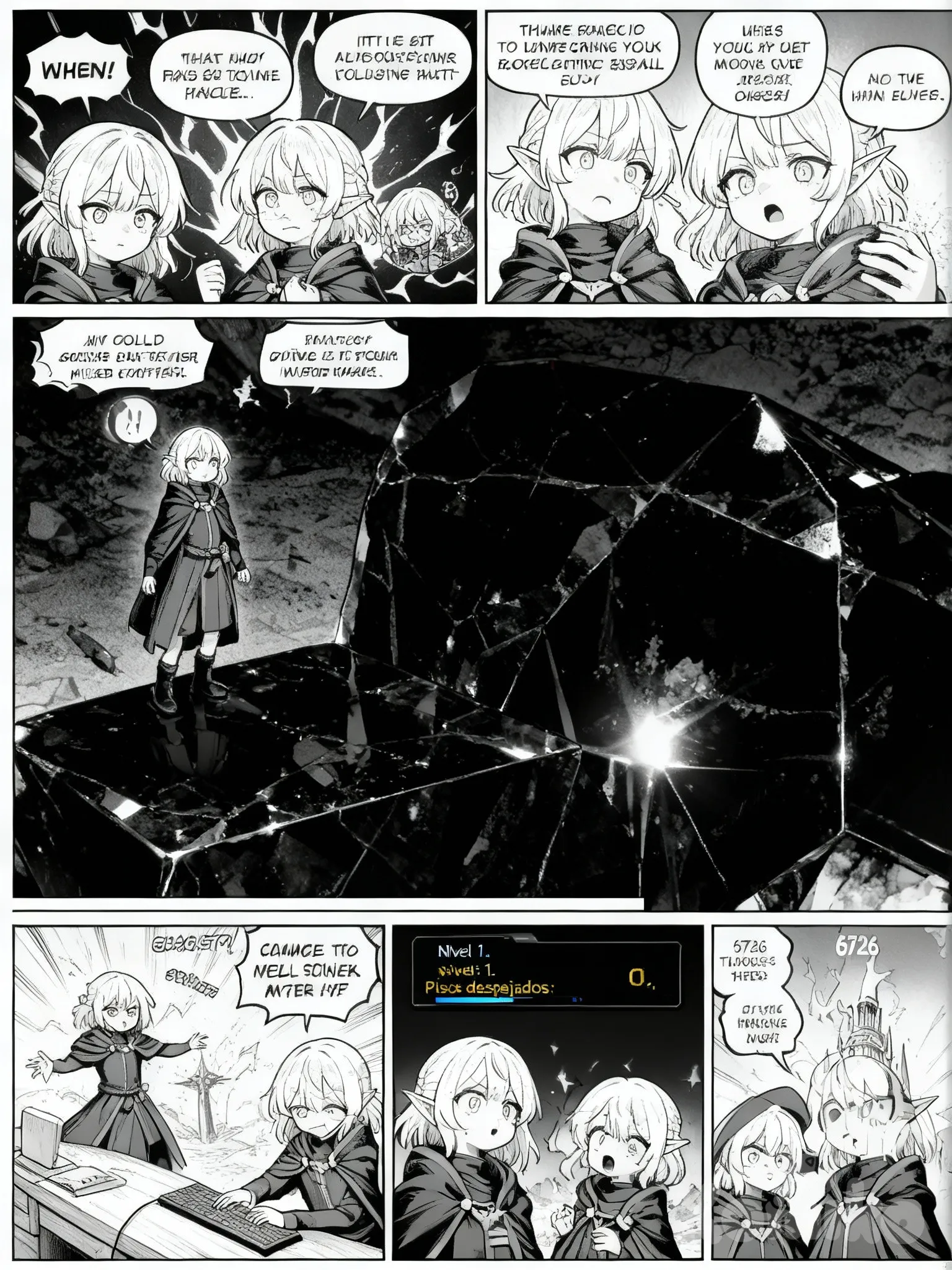 l siguiente, estaba de pie sobre obsidiana pulida, con un timbre familiar de subida de nivel resonando en sus oídos. Excepto que la ventana del sistema brillaba: * Nivel 1. Pisos despejados: 0. * Un gorgoteo de incredulidad se le escapó. Seis mil setecientos veintiséis pisos. Todo como si funeral un autentico manga y con sus globos de texto y con 6 escenas