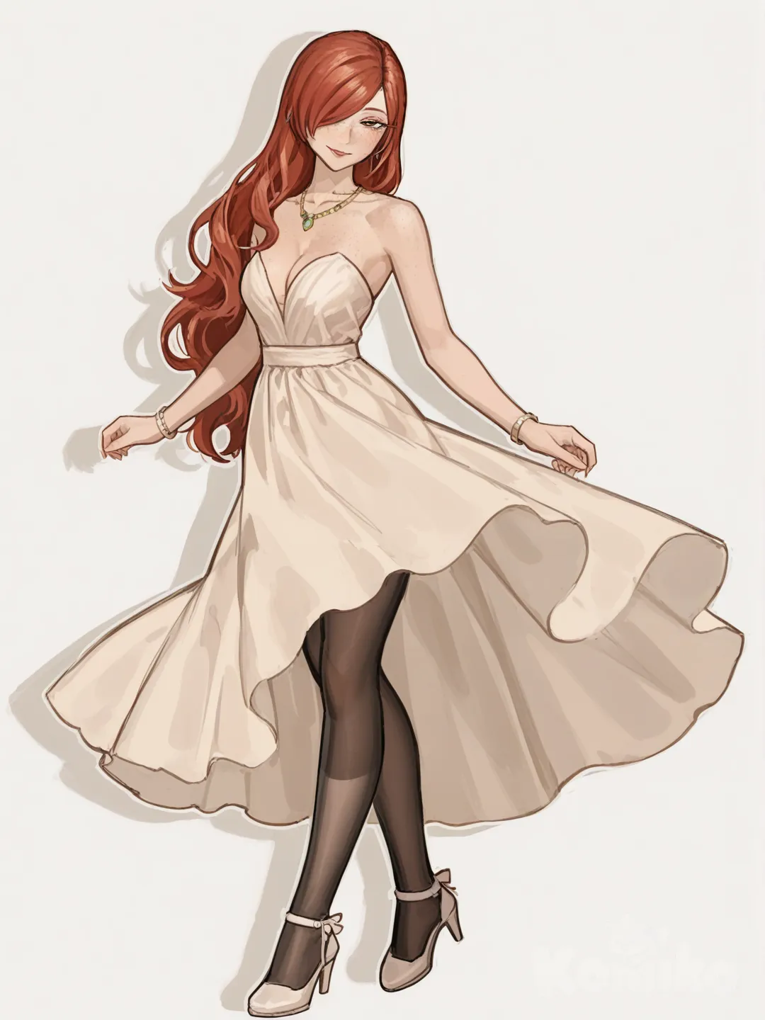 1girl, A tall, elegant figure steps out with softly curled ginger hair framing their face. A strapless white dress fits smoothly along the body, paired with sheer stockings and matching heels. The necklace rests neatly against the collarbone, catching the light with every movement. Makeup is polished — lifted lashes, blended eyeshadow, and a bold swipe of lipstick. Bracelets add a gentle shimmer at the wrists, and the overall look is stylish, confident, and mature, freckles, body freckles, soft shadow, lineart, thick outline, [soft-painterly-style]