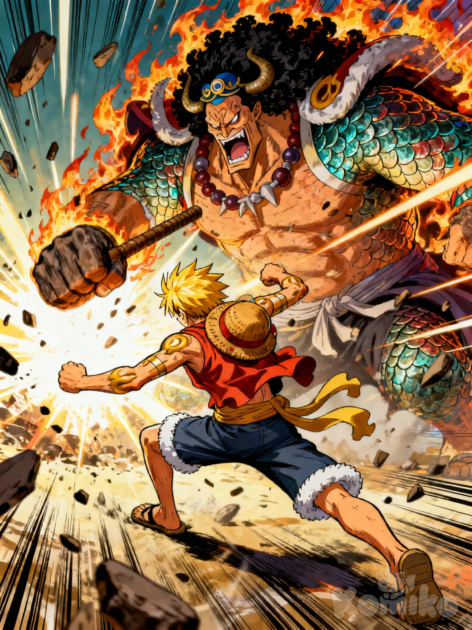 Generate a comic following these requirement:

User input prompt: One piece amazing fight.

Grid format: "A Japanese manga panel, read from right to left. Use screentone effects for shading and clean, bold line art."