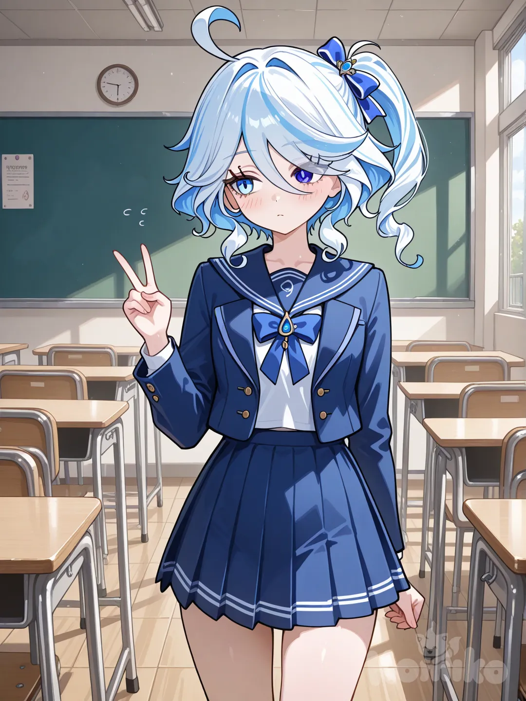 @Furina_(Genshin_Impact), v sign, school uniform, side ponytail, klein blue, looking away, classroom