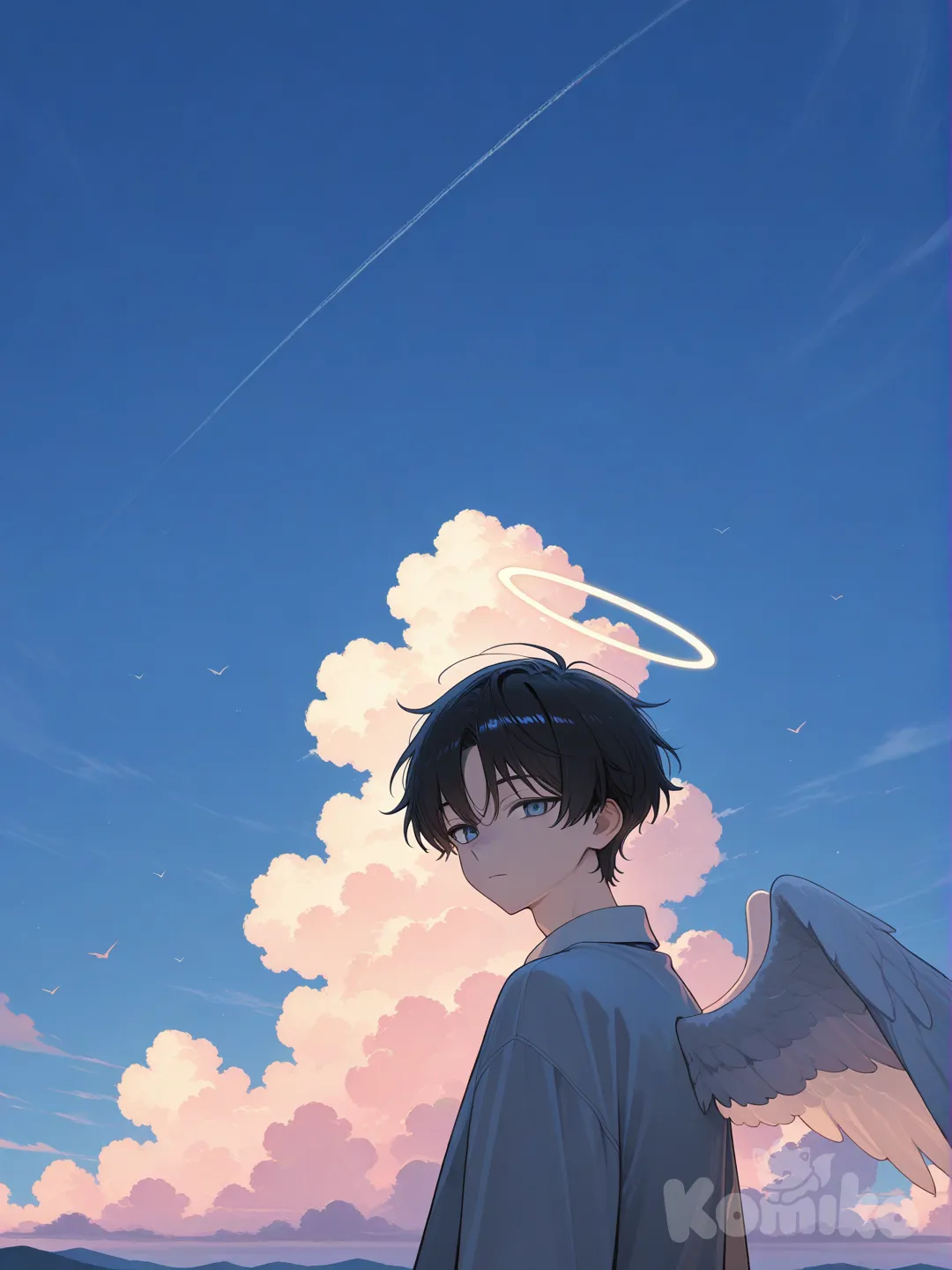 1boy, angle wings, looking at viewer, blue sky