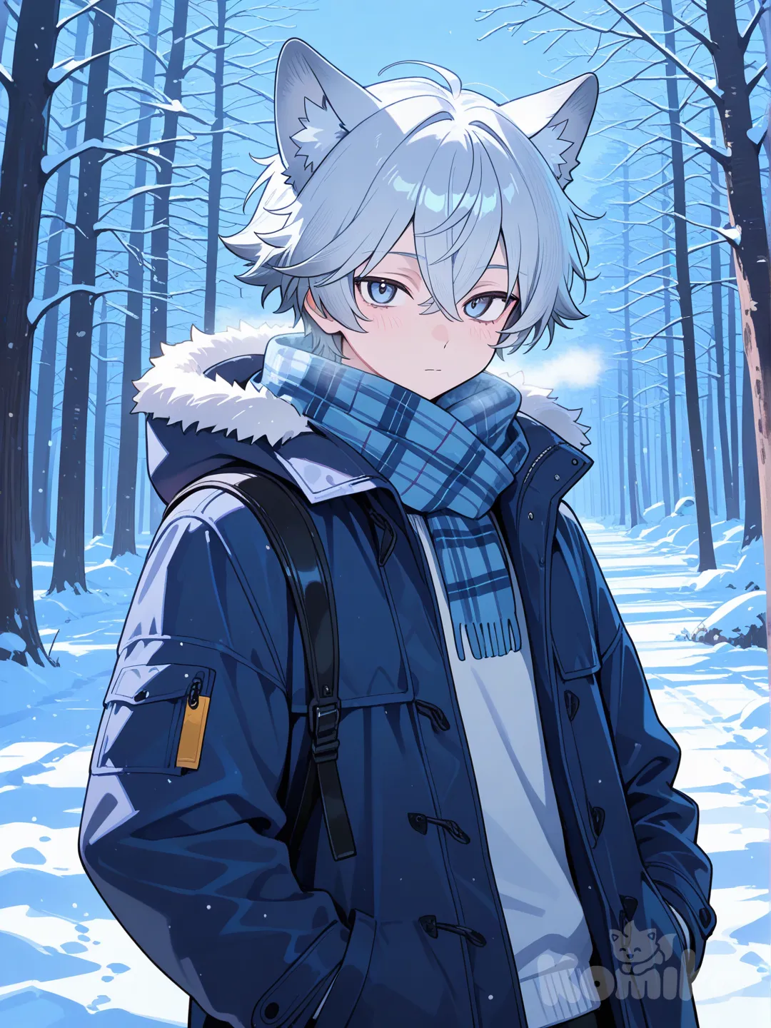 1boy, looking at viewer, snowy, wolf ears