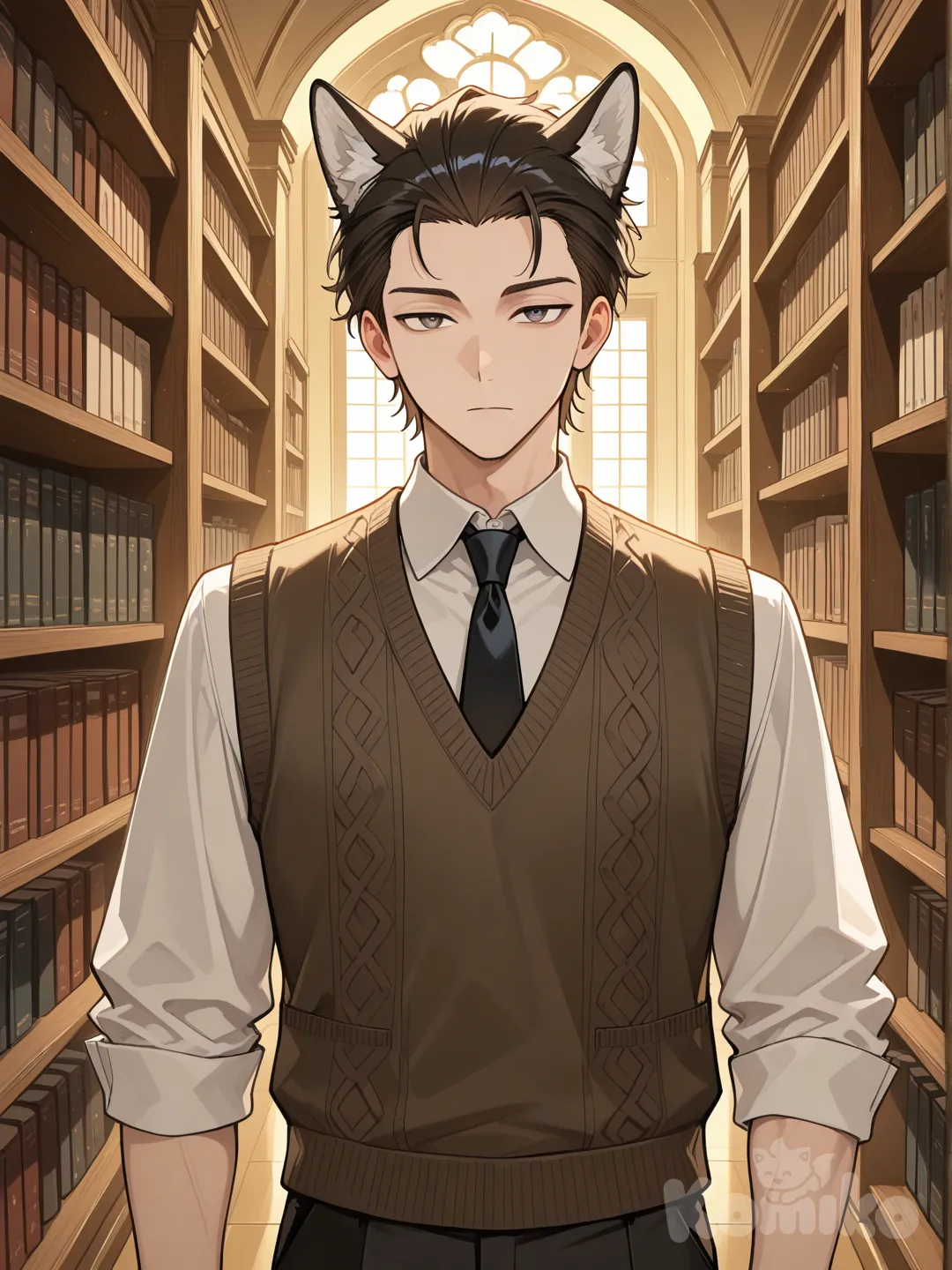 1boy, expressionless, knitted vest, wolf ears, slicked-back hair, looking at viewer, library