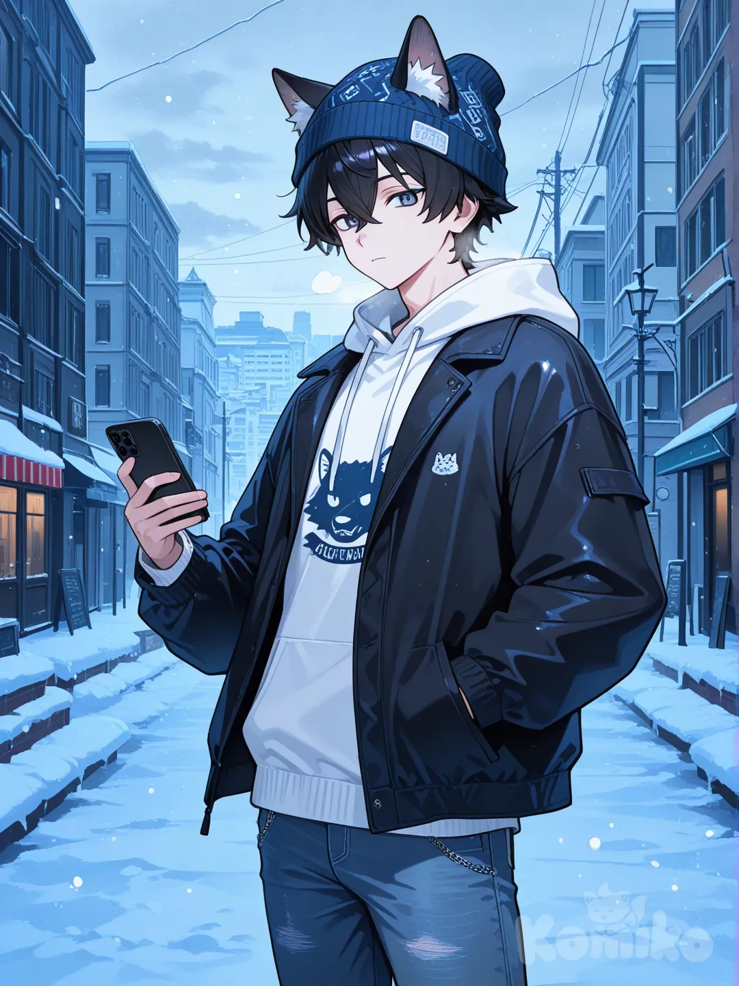 1boy, looking at phone, expressionless, hoodie, jeans, wolf ears, knit hat, looking at viewer, day, snowy, cityscape