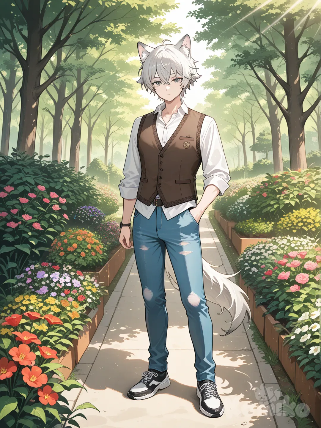 1boy, expressionless, vest, jeans, wolf ears, looking at viewer, garden