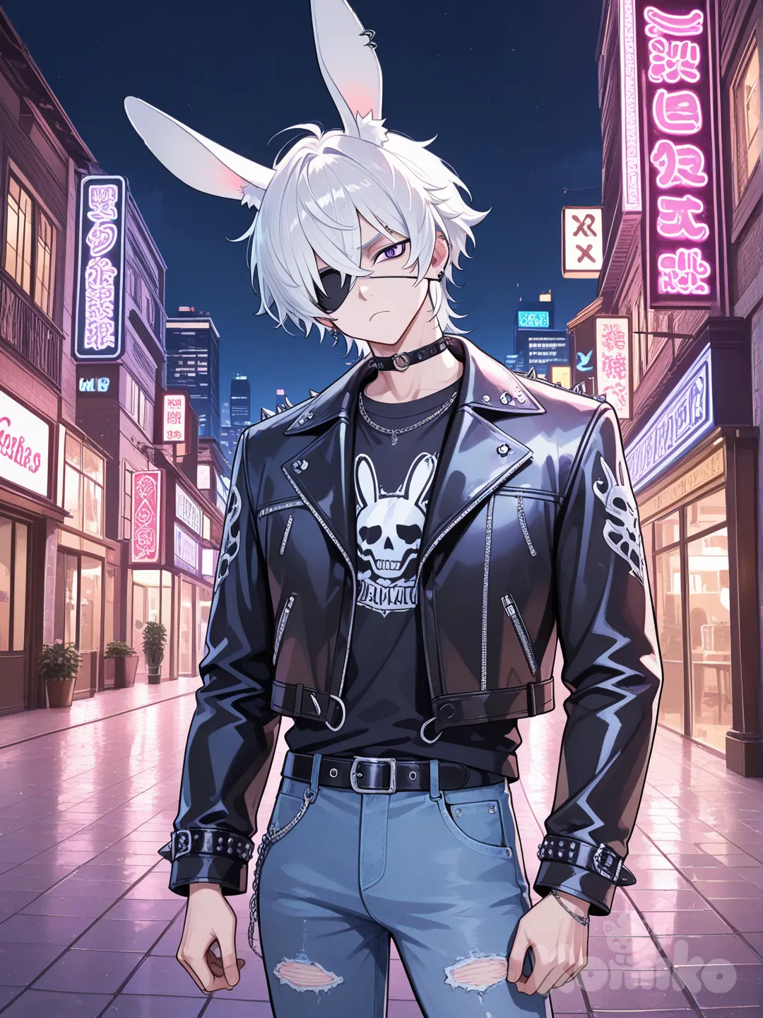 1boy, head tilt, frown, punk leather jacket, jeans, studs, rabbit ears, eye patch white hair, cityscape, night