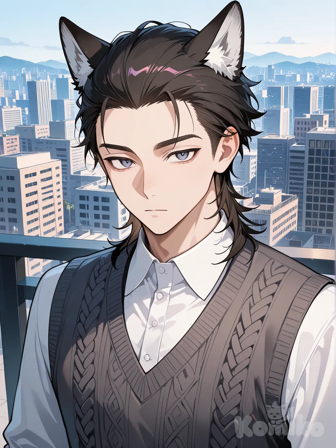 1boy, expressionless, knitted vest, wolf ears, slicked-back hair, looking at viewer, cityscape