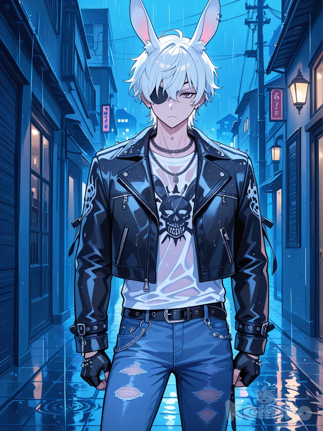 1boy, frown, punk leather jacket, jeans, studs, rabbit ears, eye patch white hair, night, looking at viewer, rainy