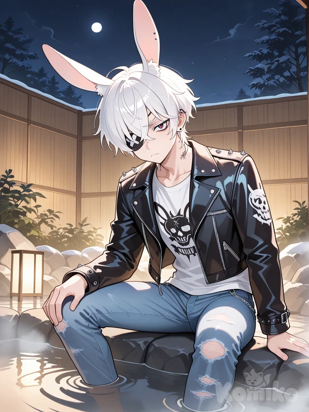 1boy, frown, punk leather jacket, jeans, studs, rabbit ears, eye patch white hair, night, looking at viewer, onsen