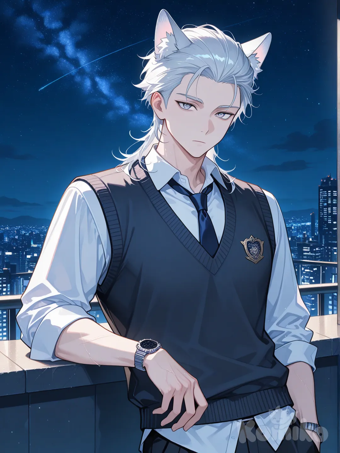 1boy, expressionless, knitted vest, wolf ears, slicked-back hair, looking at viewer, mechanical watch, night, cityscape