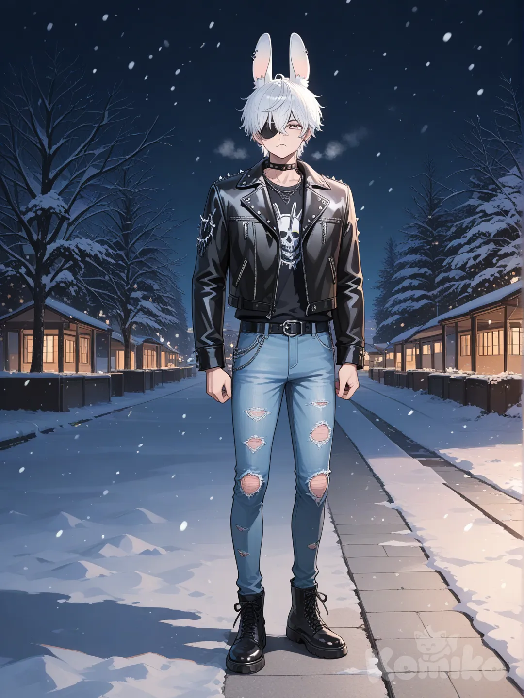 1boy, frown, punk leather jacket, jeans, studs, rabbit ears, eye patch white hair, night, looking at viewer, snowy, garden