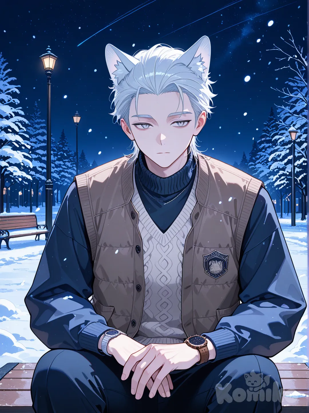 1boy, expressionless, knitted vest, wolf ears, slicked-back hair, mechanical watch, night, snowy, park