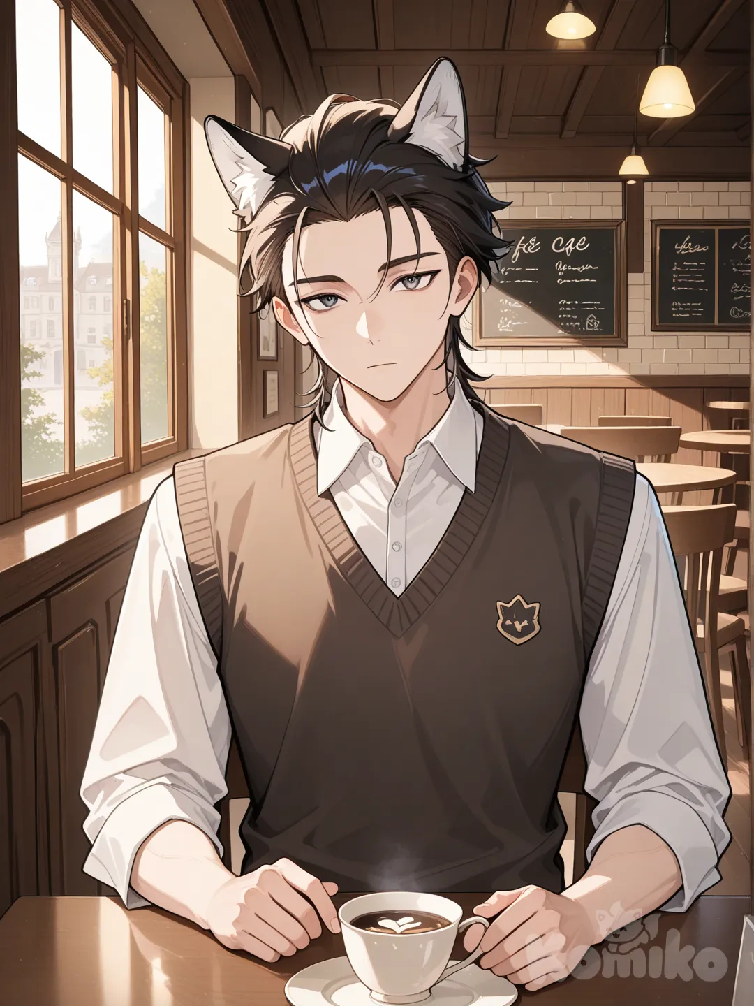 1boy, expressionless, knitted vest, wolf ears, slicked-back hair, looking at viewer, day, cafe
