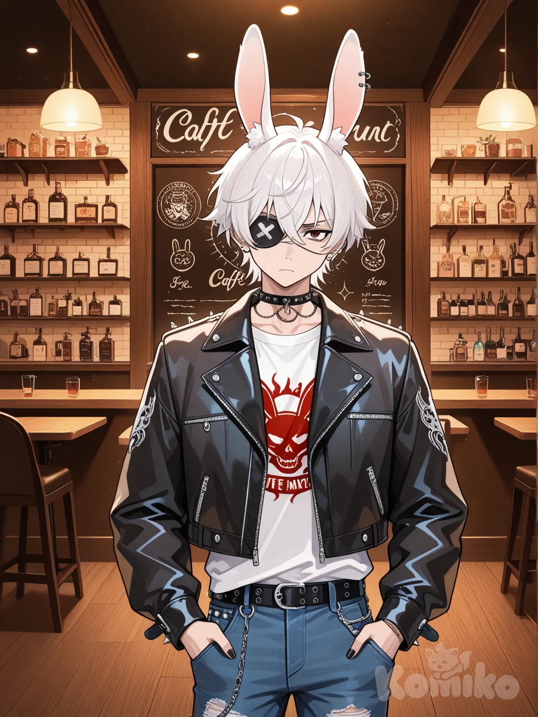 1boy, frown, punk leather jacket, jeans, studs, rabbit ears, eye patch white hair, looking at viewer, day, cafe