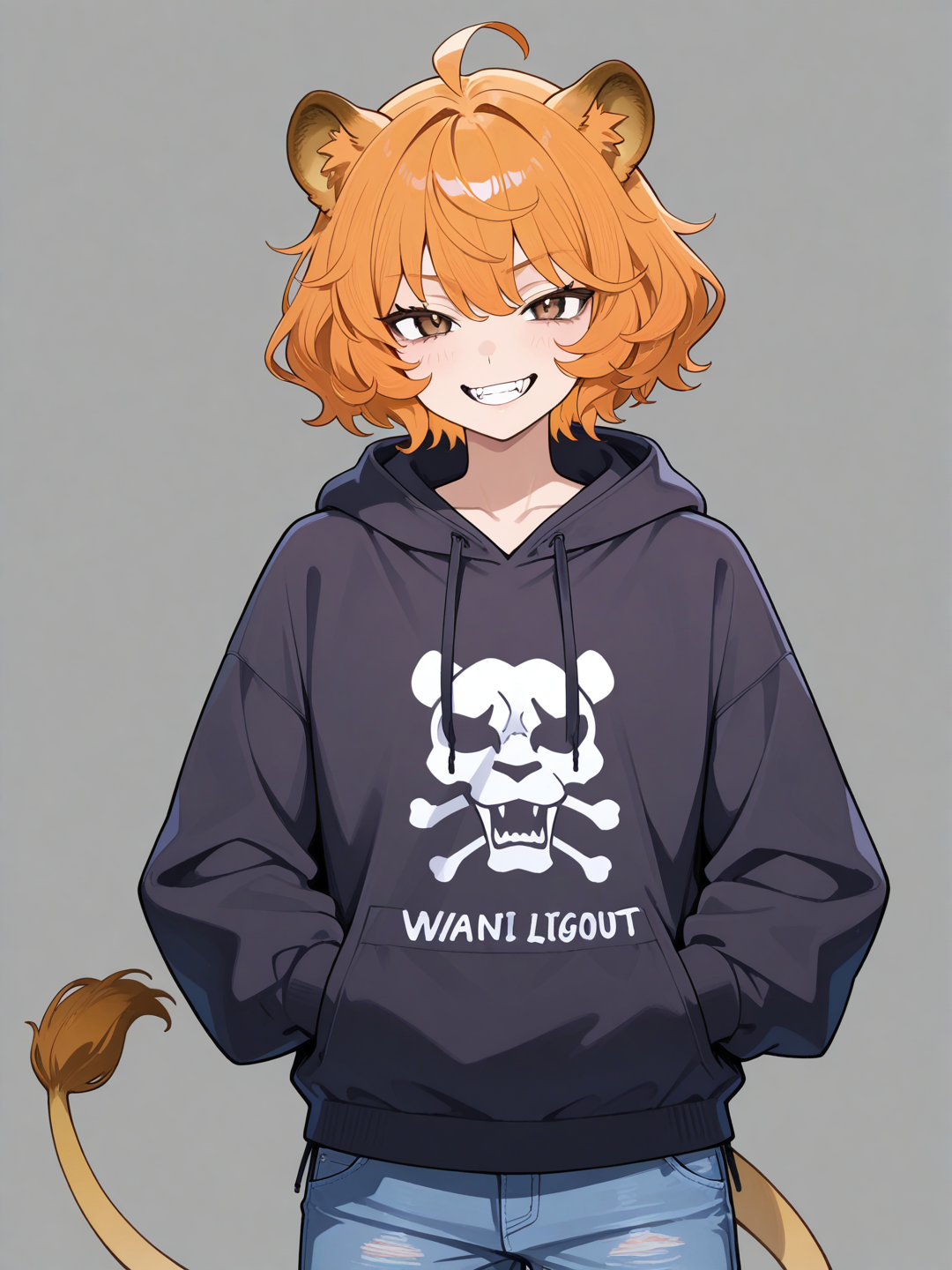 1boy orange hair center part Wavy hair bob brown eyes Fangs visible from the mouth, lion,
ears, Plain color hoodie, jeans Yankee-like appearance 18 years old