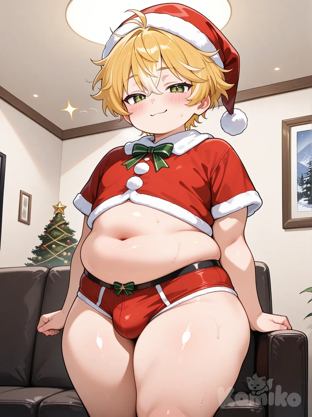 solo, (((Young))), (((SHOTA))), light Skin, male focused, green eyes, gold hair, multicolored hair, messy hair, very short hair, santa outfit, red briefs, Santa hat, short sleeve, shiny skin, smug smile, blushing, aki, aoki, aoi, nobu,aki, aoki, aoi, sota, nobu, Christmas, living room, chubby, thick thighs, thick arms, round belly ,type-e,type-h, 1boy