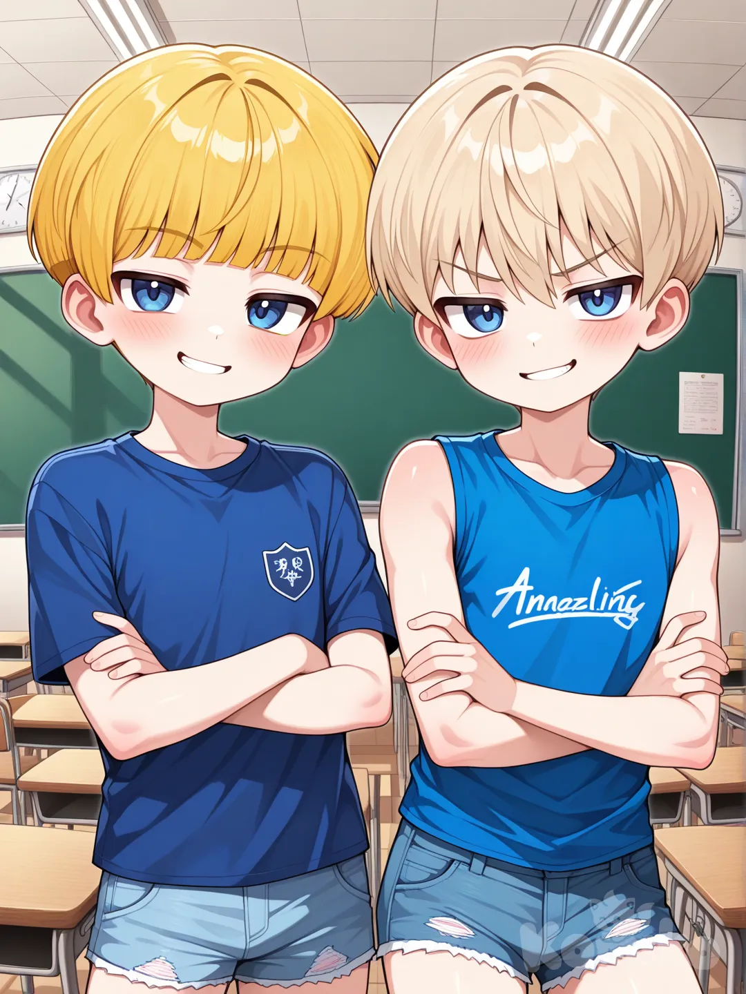 (((Young))), (((SHOTA))), two boys, male focus, blue eyes, very short hair, bowl cut, blonde hair, sleeveless, blue t-shirt, denim, very short shorts, Daikung ,sota, smug, sexy pose, classroom