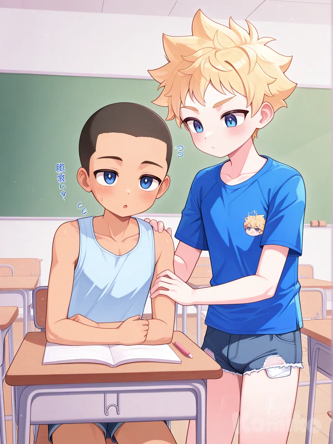 Young, 2boys, male focus, blue eyes, very short hair, buzz cut, spiked hair, blonde hair, sleeveless, blue t-shirt, denim, micro shorts , Daikung ,sota, classroom