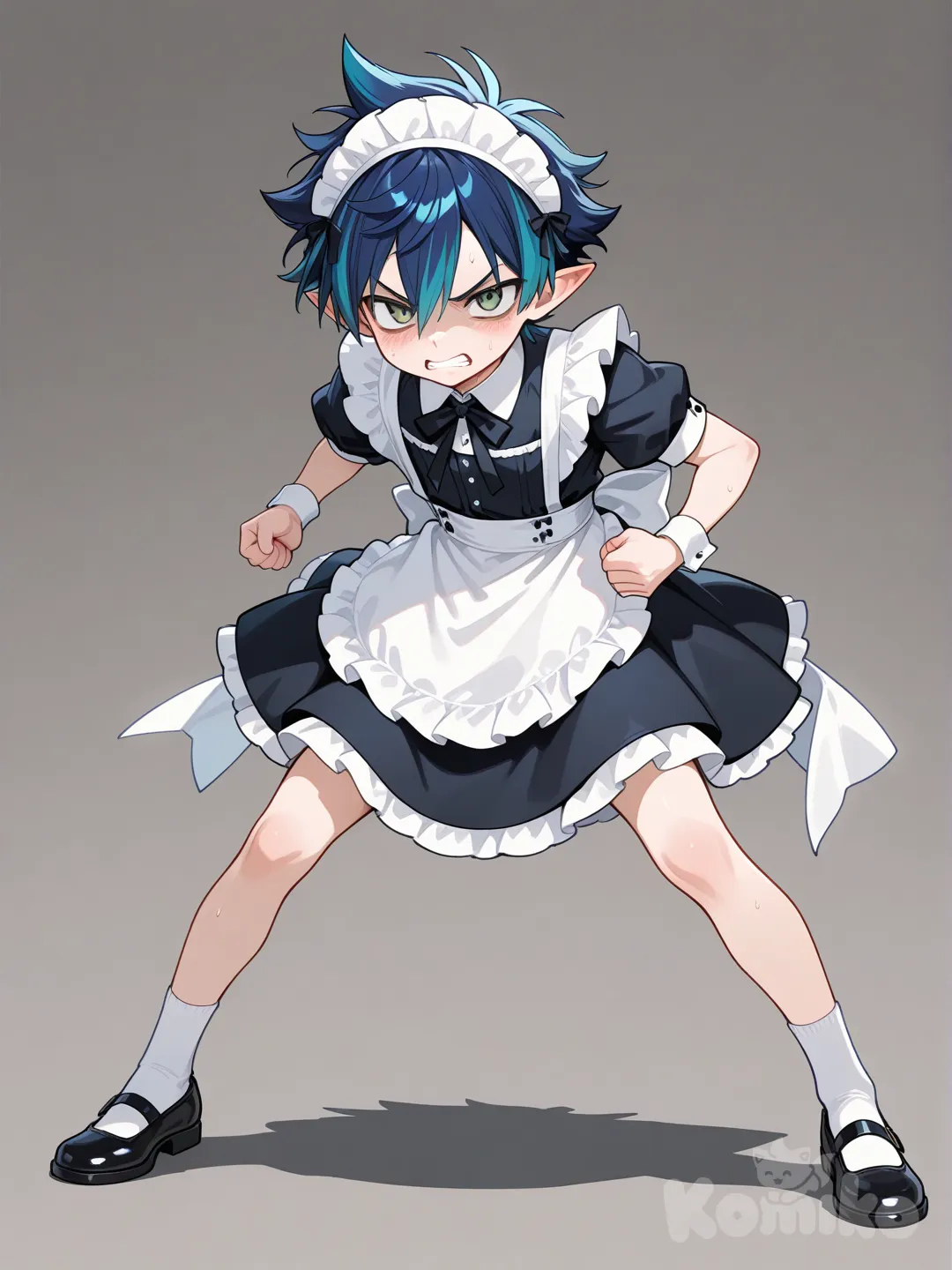 Materpiece, 1boy, Young, young boy, male focus, solo, pointy ears, green eyes, blue hair, multicolored hair, very short hair, spiked hair, short sleeve, maid outfit , angry, full body