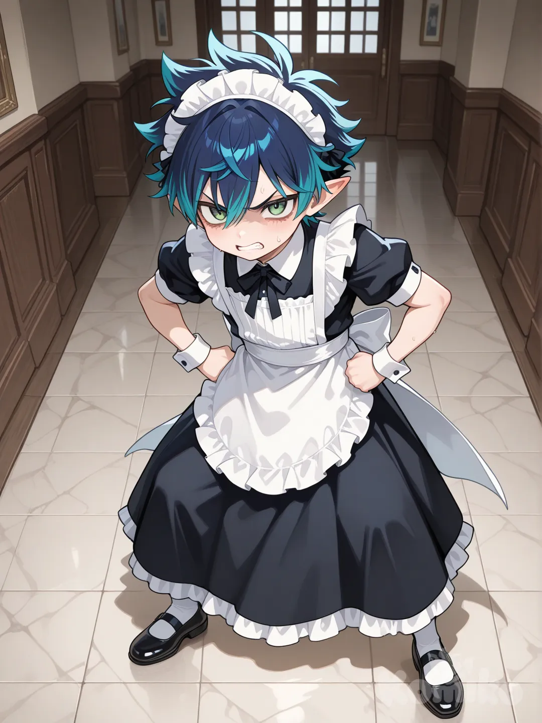 Materpiece, 1boy, Young, young boy, male focus, solo, pointy ears, green eyes, blue hair, multicolored hair, very short hair, spiked hair, short sleeve, maid outfit , angry, full body