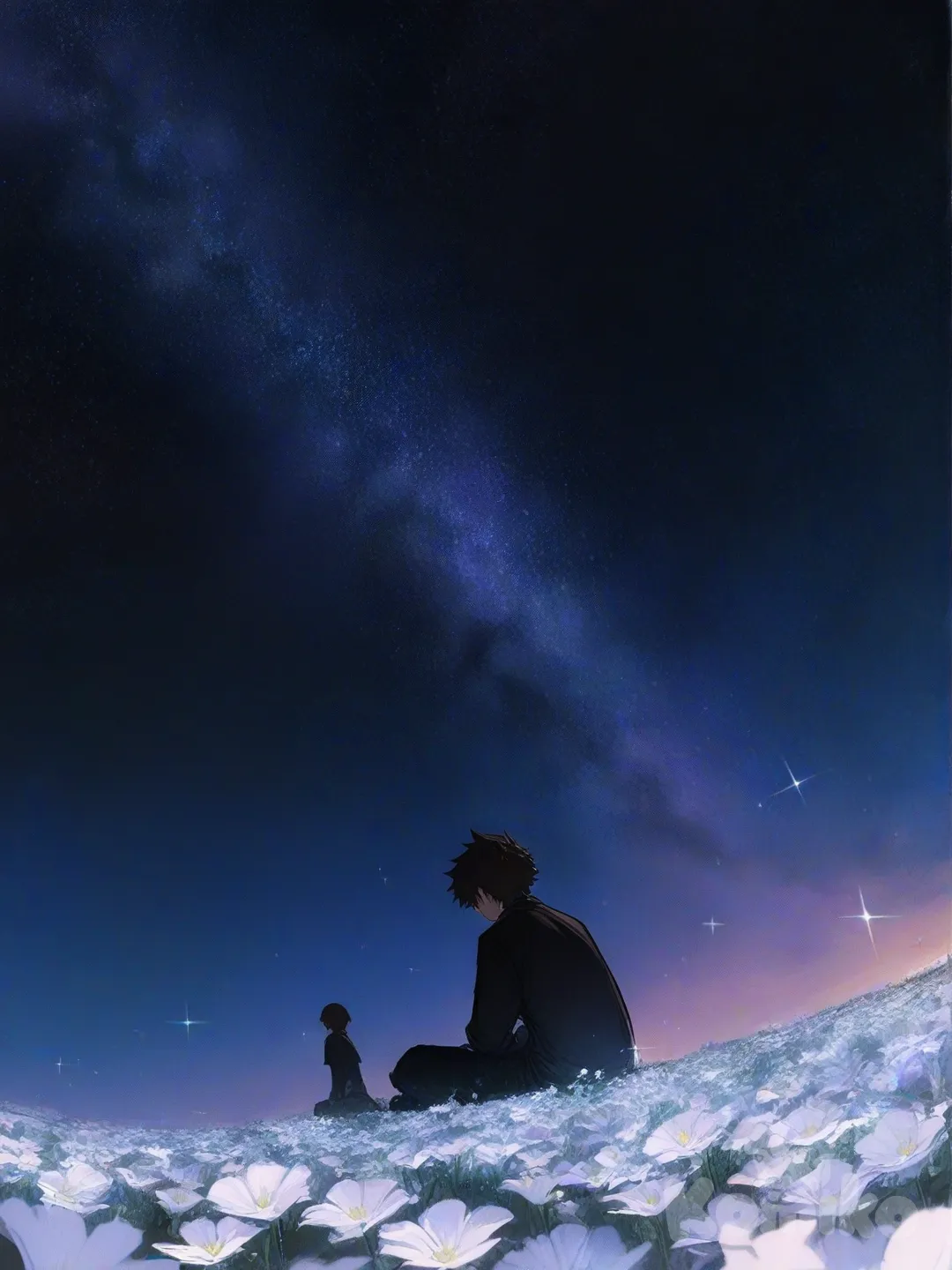 1boy, [semi-realistic-portrait-style], night, twilight, sparkle, flower field, starry sky, cosmic background, sitting on the ground
