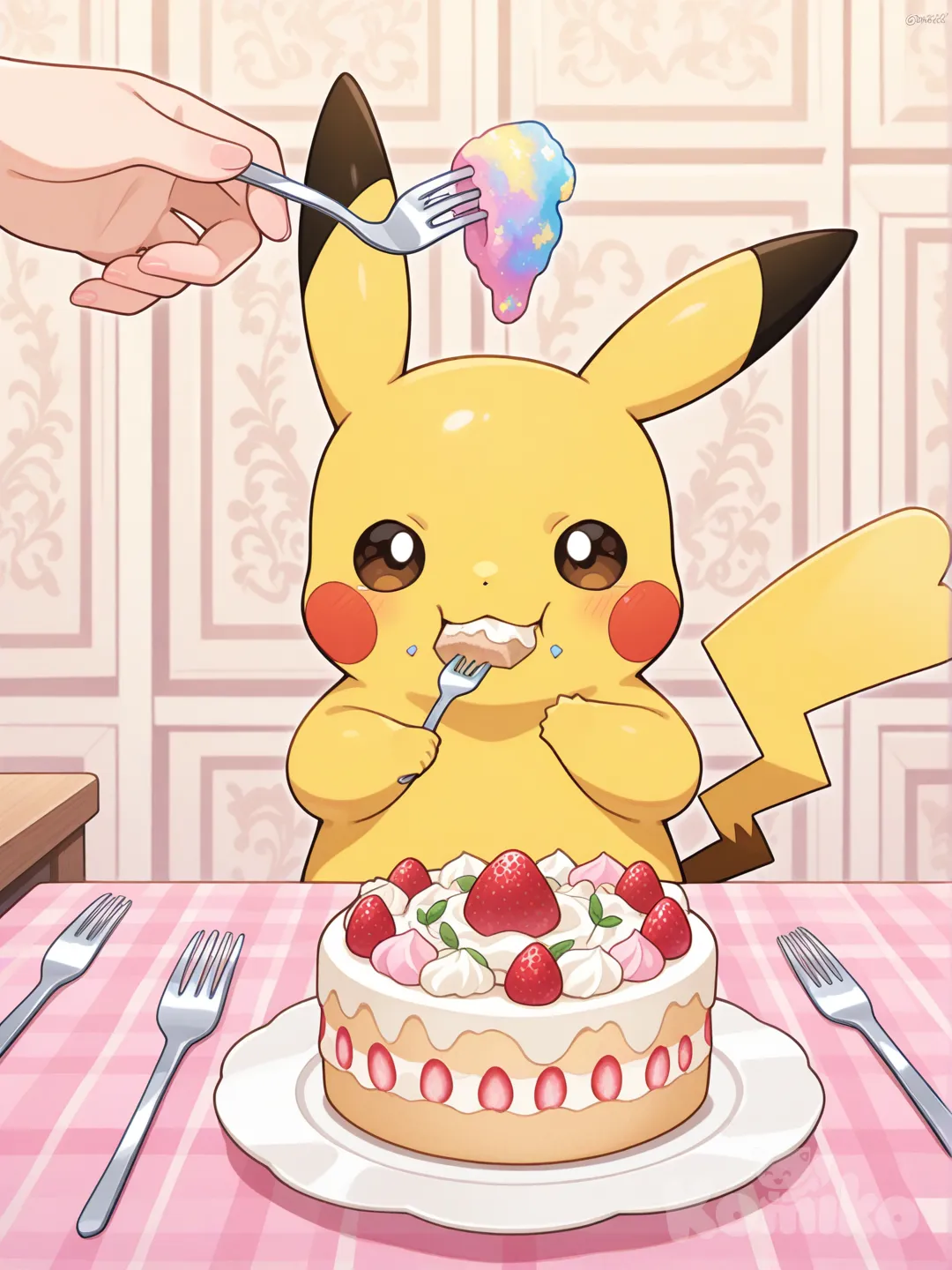 Pikachu comiendo pastel