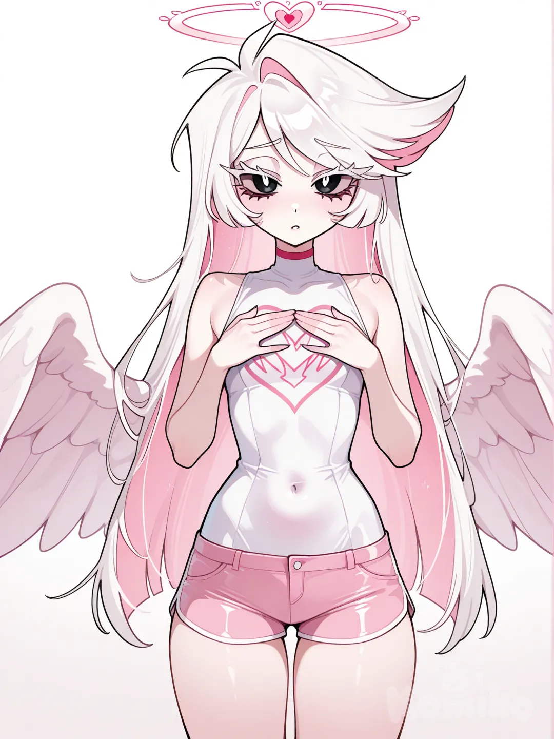 NSFW, 1girl, white hair, long hair, white eyelashes, back eyes, tiny circle pupils, pink and white fluffy angel wings, white halo bangs covering eyebrows, white and pink body suit, short shorts, no sleeves, hazbin hotel
