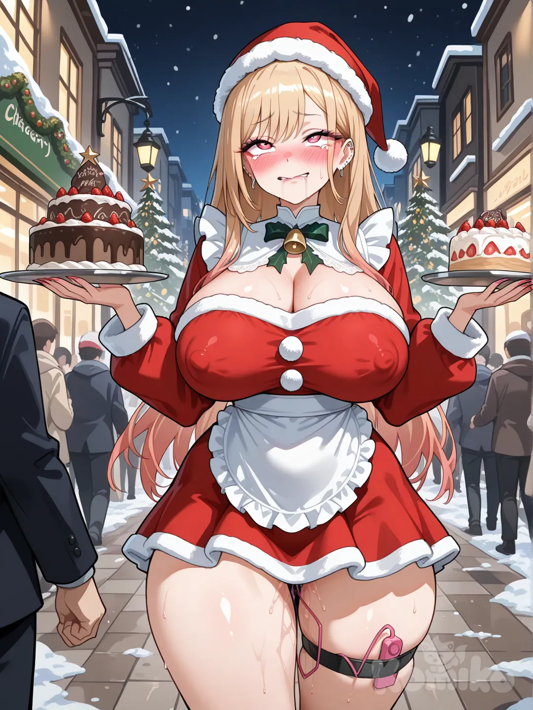 nsfw, kitagawa marin, large breasts, thick thighs, santa costume, puffy nipples, female orgasm, en un distrito comercial adornado navideño, vendiendo pasteles navideños frente una pastelería, teniendo un vibrador visible introducido en el ano, gente pasando por la calle viéndola, asustada y ruborizada de que la estén viendo, pezones marcados en la ropa