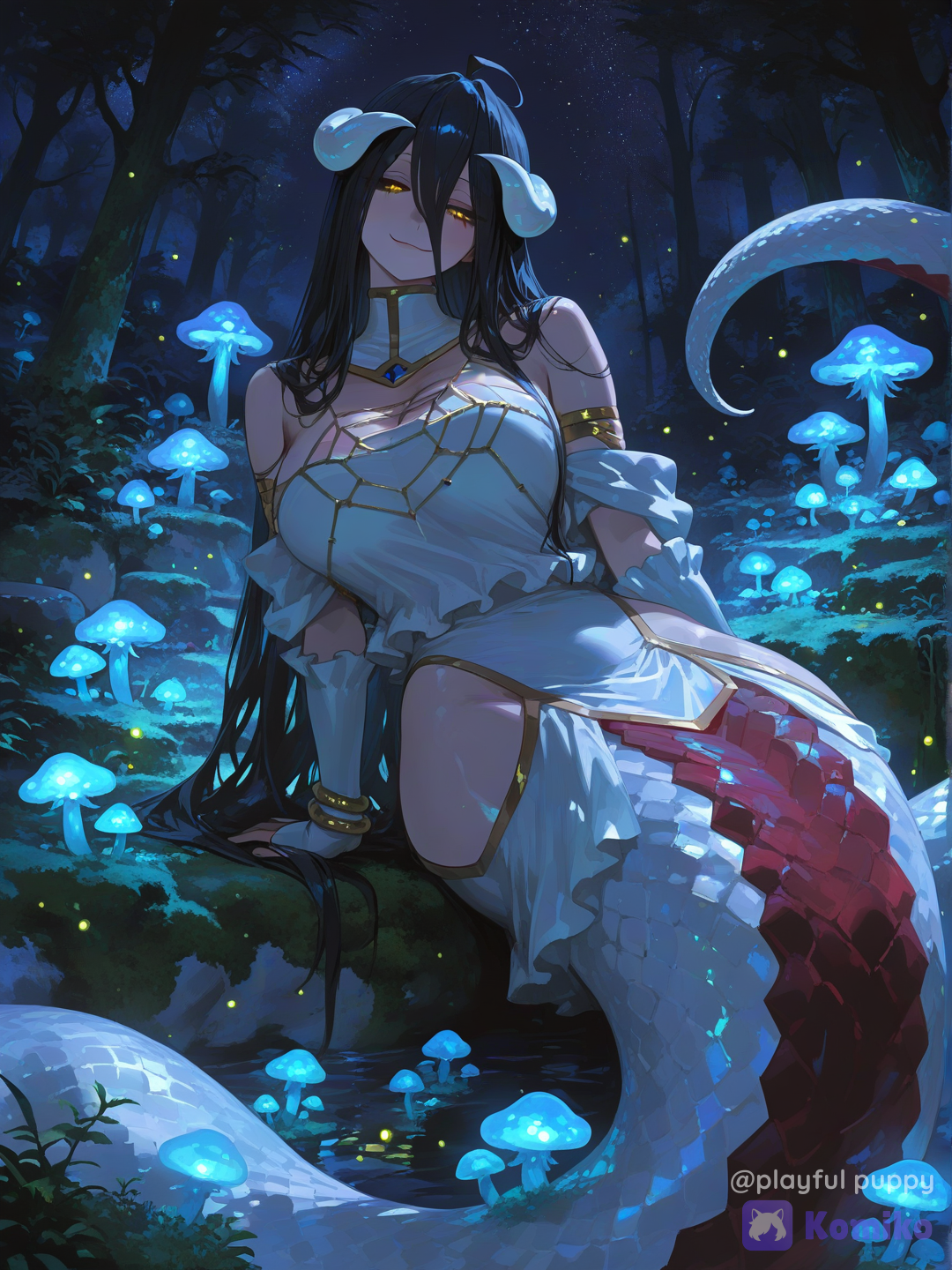 albedo (overlord), en monstre lamia, dans une forêt enchantée, [sensual-glossy-style]