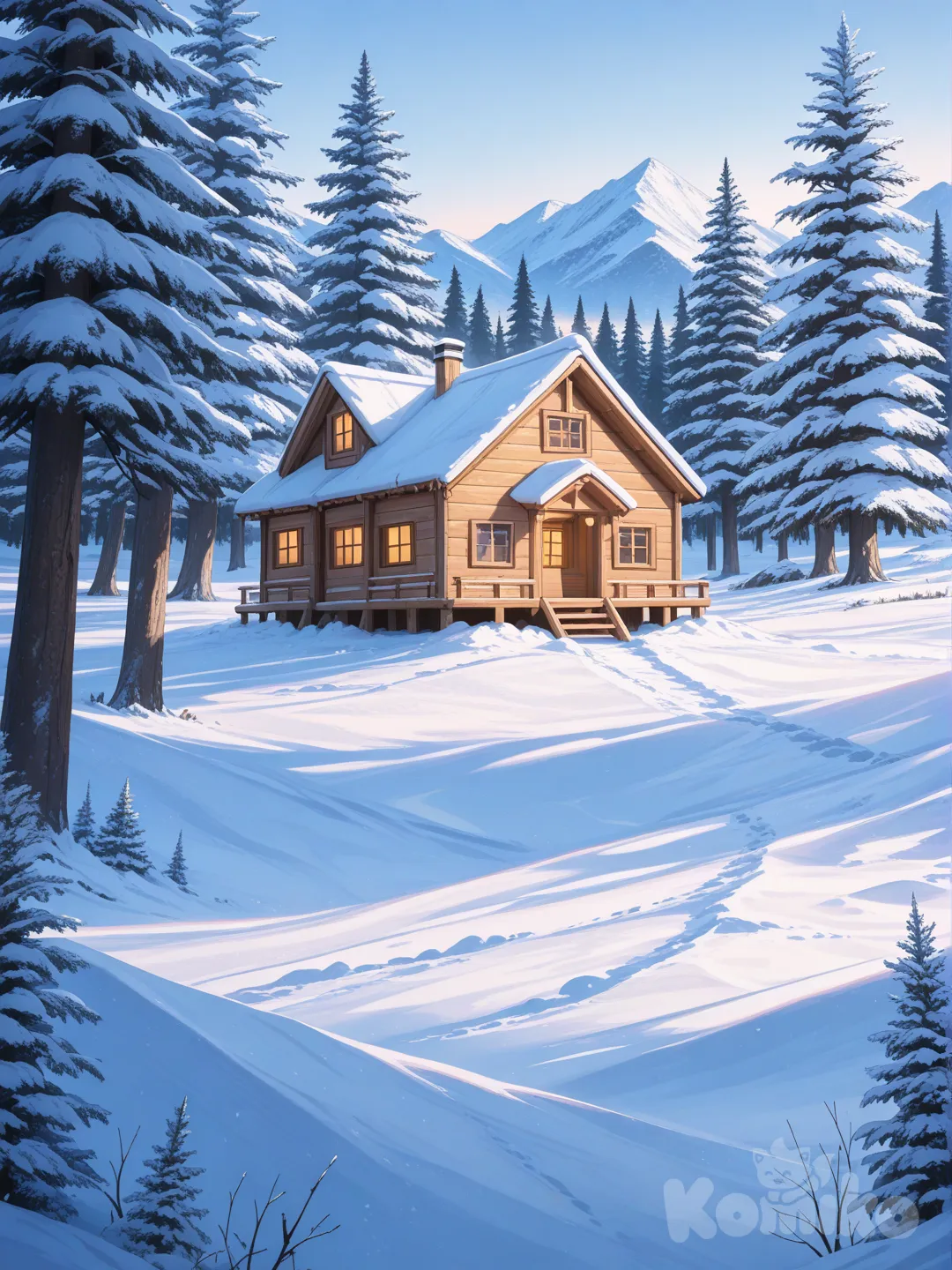 Montagnes enneigées, chalet en bois et quelque sapin enneigées