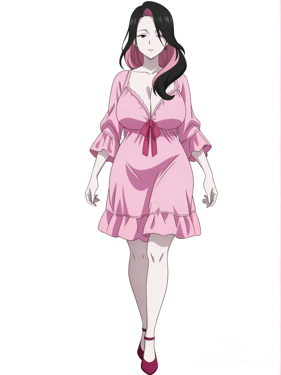 [pop-anime-style] 1girl, mature female, curvy, long hair, black hair, two-tone hair, pink hair, black eyes, pale skin, pink babydoll dress, single character, full body, looking at viewer, anime style, simple background, white background