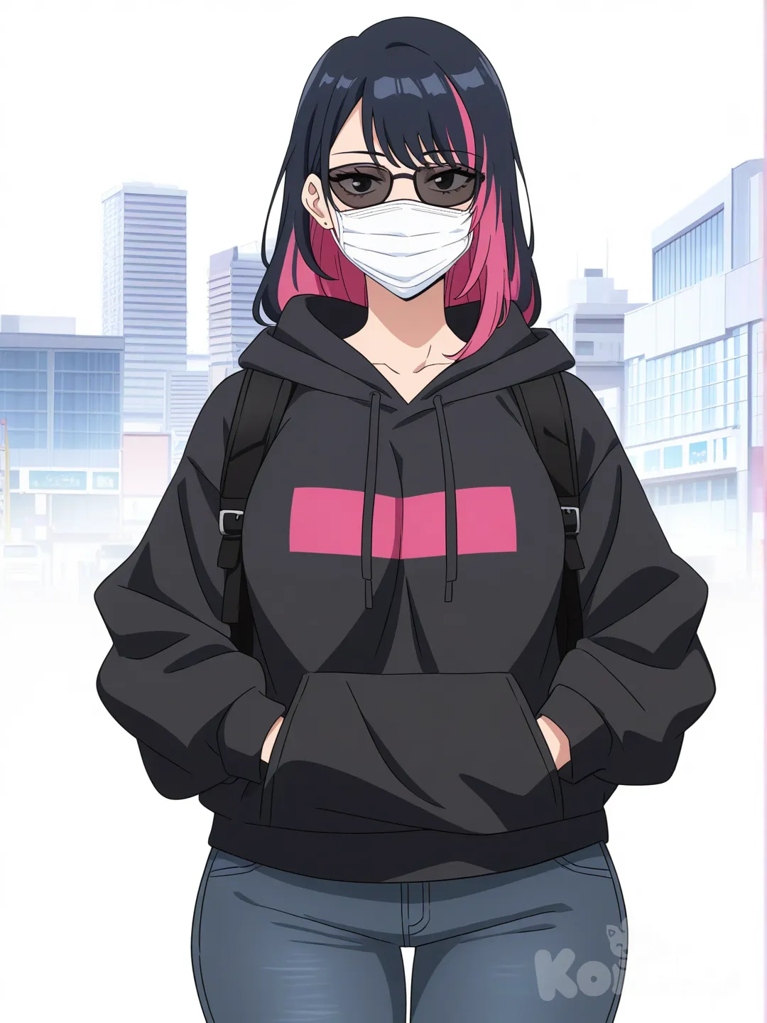 [pop-anime-style] 1girl, mature, curvy, tall_girl, long_hair, loose_hair, two-tone_hair, pink_hair, black_hair, pink_bangs, black_eyes, fair_skin, black_hoodie, black_jeans, pink_cap, pink_decoration, black_backpack, surgical_mask, black_sunglasses, casual, city_background, solo, full_body, looking_at_viewer, anime_style, simple_background, white_background