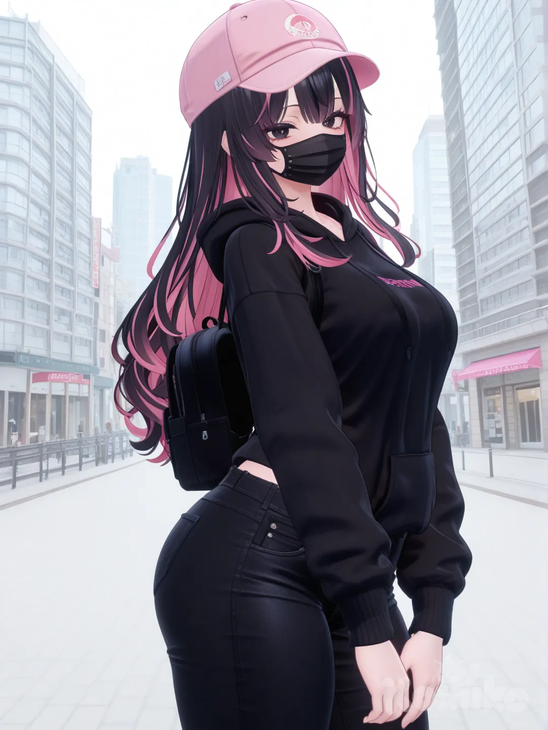 [3d-anime-style] 1girl, mature, curvy, tall_girl, long_hair, loose_hair, two-tone_hair, pink_hair, black_hair, pink_bangs, black_eyes, fair_skin, black_hoodie, black_jeans, pink_cap, pink_decoration, black_backpack, surgical_mask, black_sunglasses, casual, city_background, solo, full_body, looking_at_viewer, anime_style, simple_background, white_background