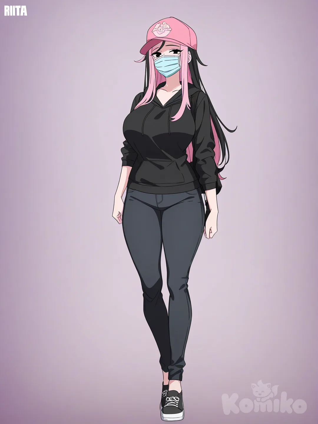 [bright-anime-style] 1girl, mature, curvy, tall_girl, long_hair, loose_hair, two-tone_hair, pink_hair, black_hair, pink_bangs, black_eyes, fair_skin, black_hoodie, black_jeans, pink_cap, pink_decoration, black_backpack, surgical_mask, black_sunglasses, casual, solo, full_body, looking_at_viewer, anime_style, simple_background, city_background