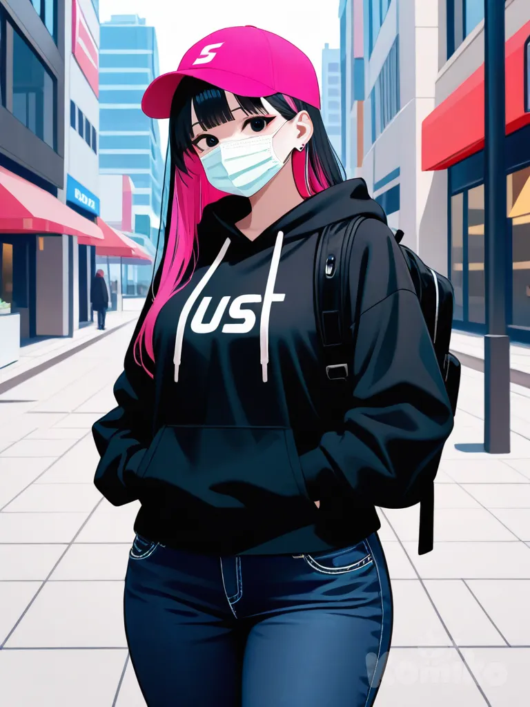 1girl, mature, curvy, tall_girl, long_hair, loose_hair, two-tone_hair, pink_hair, black_hair, pink_bangs, black_eyes, fair_skin, black_hoodie, black_jeans, pink_cap, pink_decoration, black_backpack, surgical_mask, black_sunglasses, casual, city_background, solo, full_body, looking_at_viewer, anime_style, simple_background, white_background