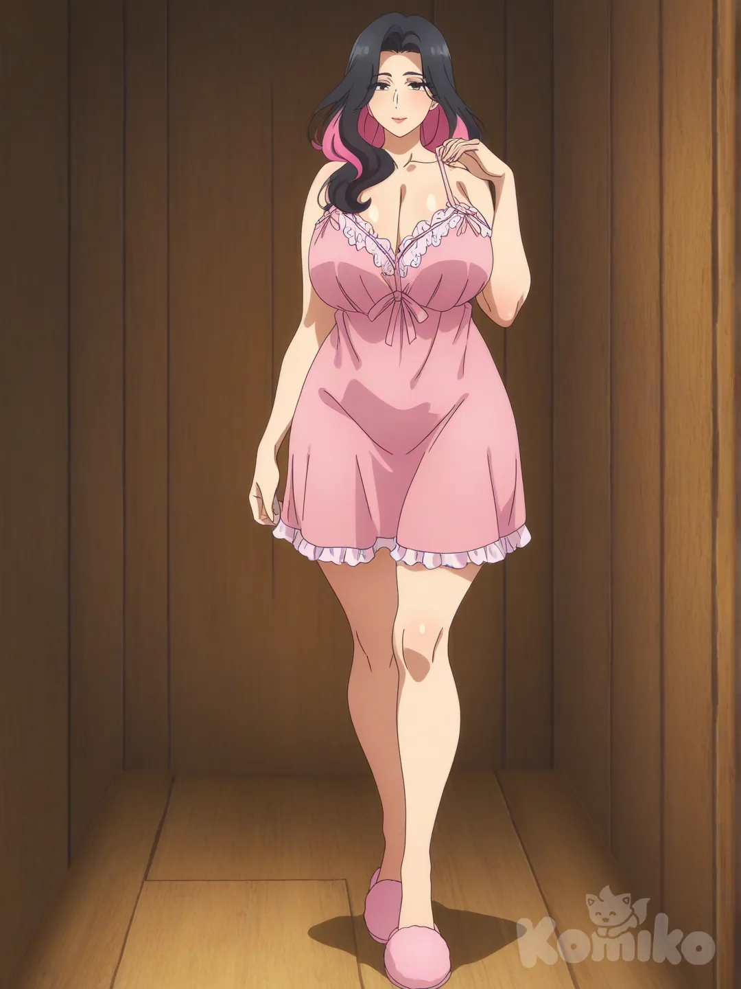 [bright-anime-style] 1girl, mature, curvy, tall_girl, long_hair, loose_hair, two-tone_hair, pink_hair, black_hair, pink_bangs, black_eyes, fair_skin, pink_babydoll_lingerie_nightdress, pink_slippers, solo, full_body, looking_at_viewer, anime_style, cabin's_room_interior_background