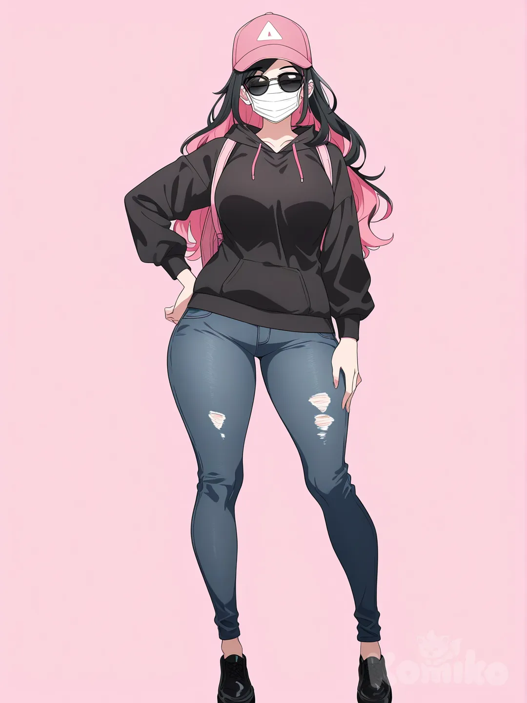 [bright-anime-style] 1girl, mature, curvy, tall_girl, long_hair, loose_hair, two-tone_hair, pink_hair, black_hair, pink_bangs, black_eyes, fair_skin, black_hoodie, black_jeans, pink_cap, pink_decoration, black_backpack, surgical_mask, black_sunglasses, casual, city_background, solo, full_body, looking_at_viewer, anime_style, simple_background, white_background