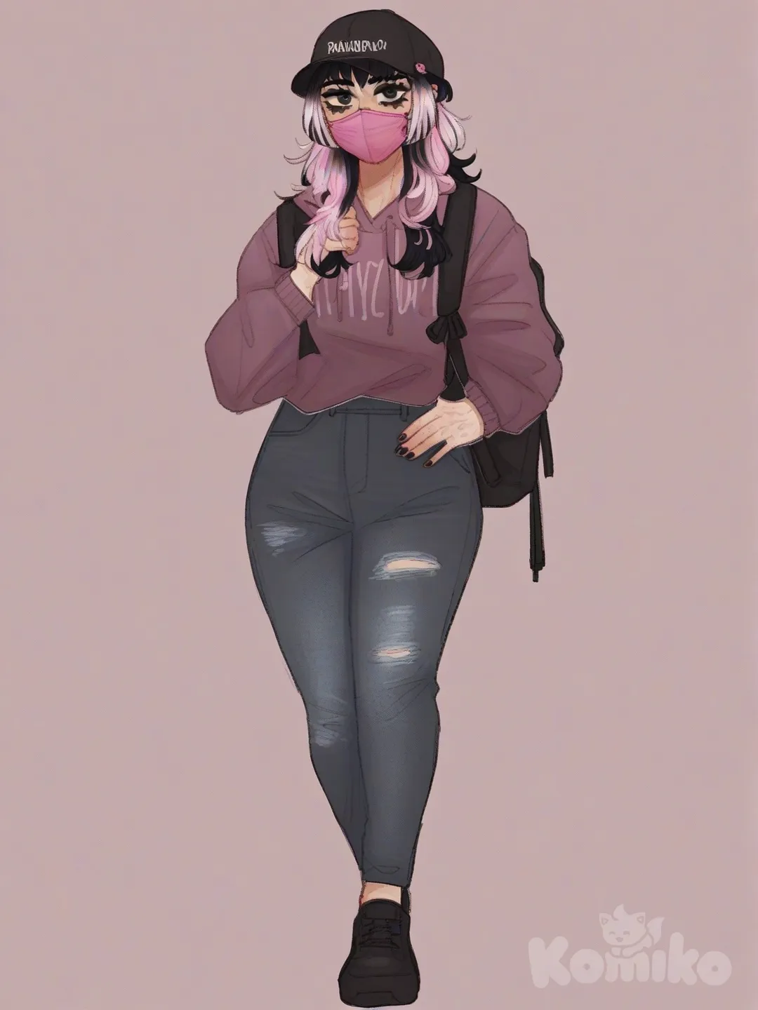 [soft-shaded-moe-style] 1girl, mature, curvy, tall_girl, long_hair, loose_hair, two-tone_hair, pink_hair, black_hair, trident_bangs, black_eyes, fair_skin, black_hoodie, black_jeans, pink_cap, pink_decoration, black_backpack, surgical_mask, black_sunglasses, casual, solo, full_body, looking_at_viewer, anime_style, simple_background, white_background