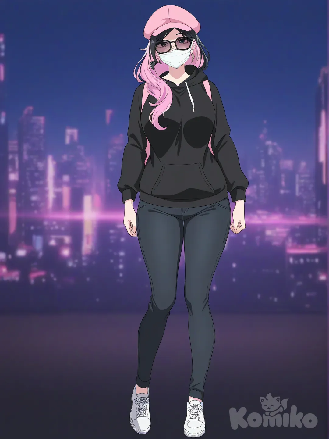 [bright-anime-style] 1girl, mature, curvy, tall_girl, long_hair, loose_hair, two-tone_hair, pink_hair, black_hair, pink_bangs, black_eyes, fair_skin, black_hoodie, black_jeans, pink_cap, pink_decoration, black_backpack, surgical_mask, black_sunglasses, casual, solo, full_body, looking_at_viewer, anime_style, simple_background, city_background