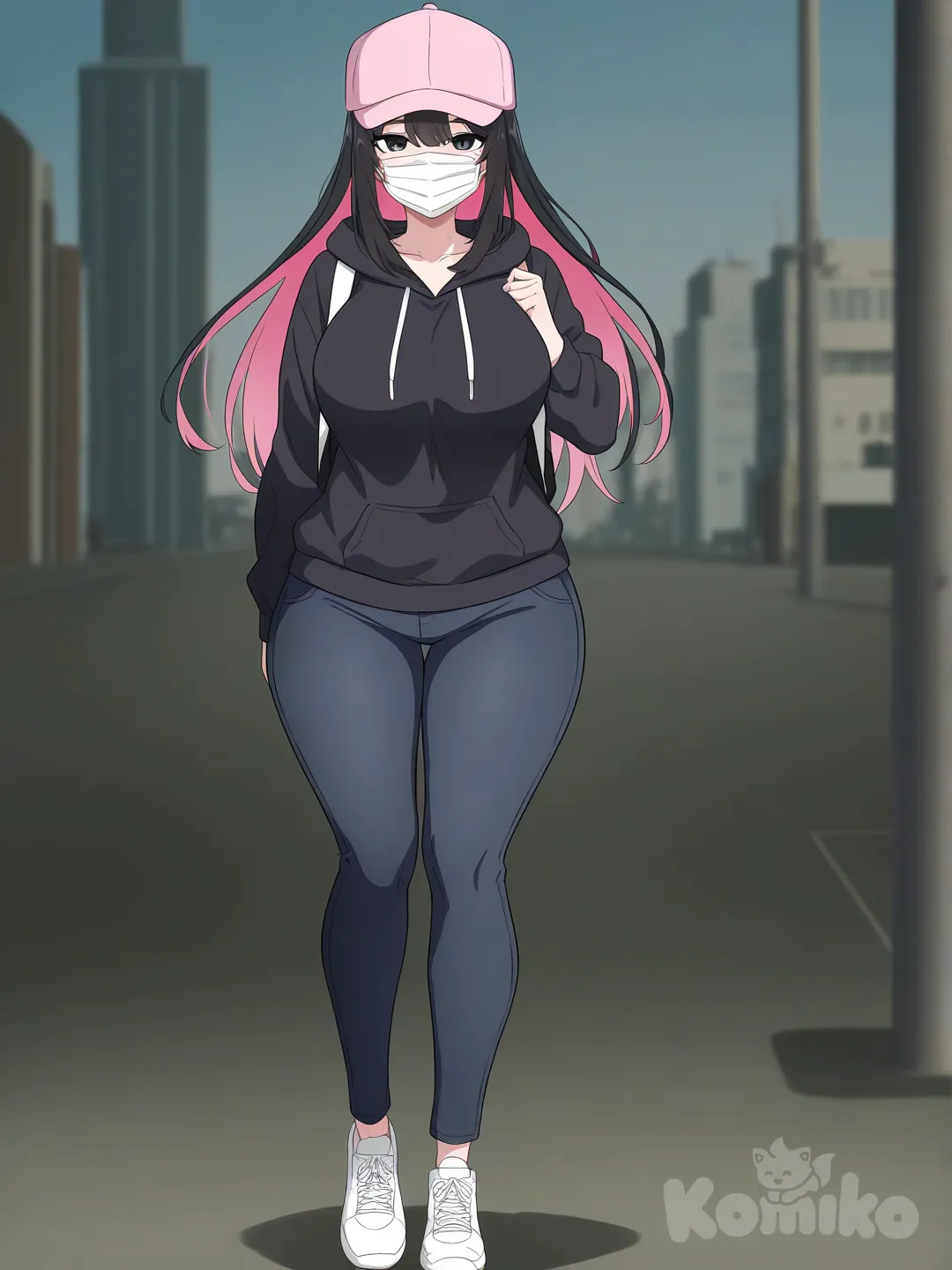 [bright-anime-style] 1girl, mature, curvy, tall_girl, long_hair, loose_hair, two-tone_hair, pink_hair, black_hair, pink_bangs, black_eyes, fair_skin, black_hoodie, black_jeans, pink_cap, pink_decoration, black_backpack, surgical_mask, black_sunglasses, casual, solo, full_body, looking_at_viewer, anime_style, simple_background, city_background