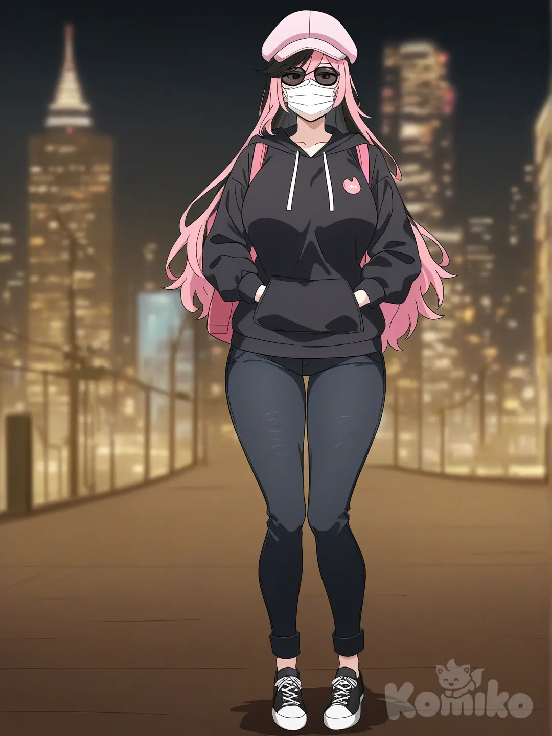 [bright-anime-style] 1girl, mature, curvy, tall_girl, long_hair, loose_hair, two-tone_hair, pink_hair, black_hair, pink_bangs, black_eyes, fair_skin, black_hoodie, black_jeans, pink_cap, pink_decoration, black_backpack, surgical_mask, black_sunglasses, casual, solo, full_body, looking_at_viewer, anime_style, simple_background, city_background