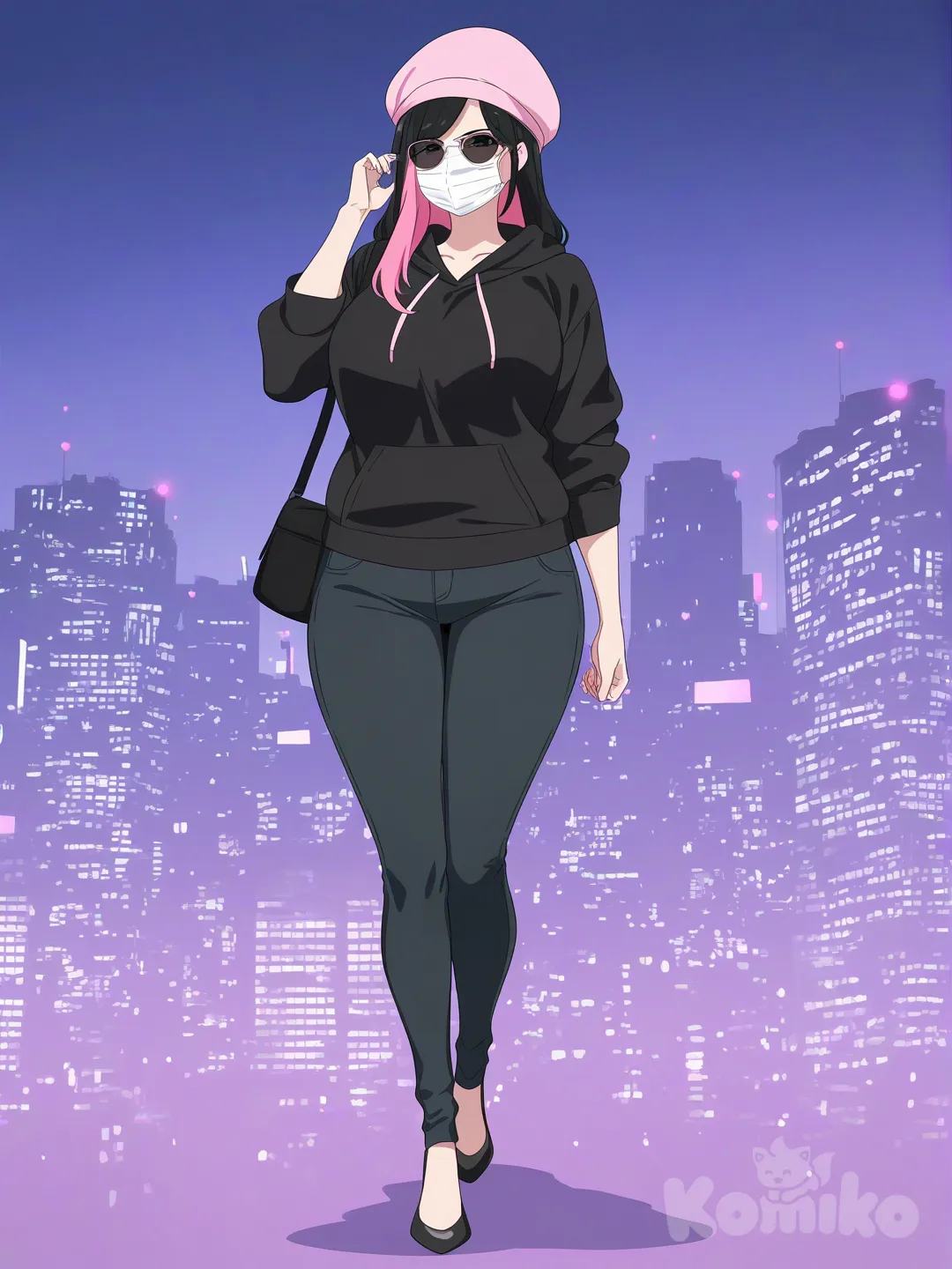 [bright-anime-style] 1girl, mature, curvy, tall_girl, long_hair, loose_hair, two-tone_hair, pink_hair, black_hair, pink_bangs, black_eyes, fair_skin, black_hoodie, black_jeans, pink_cap, pink_decoration, black_backpack, surgical_mask, black_sunglasses, casual, solo, full_body, looking_at_viewer, anime_style, simple_background, city_background