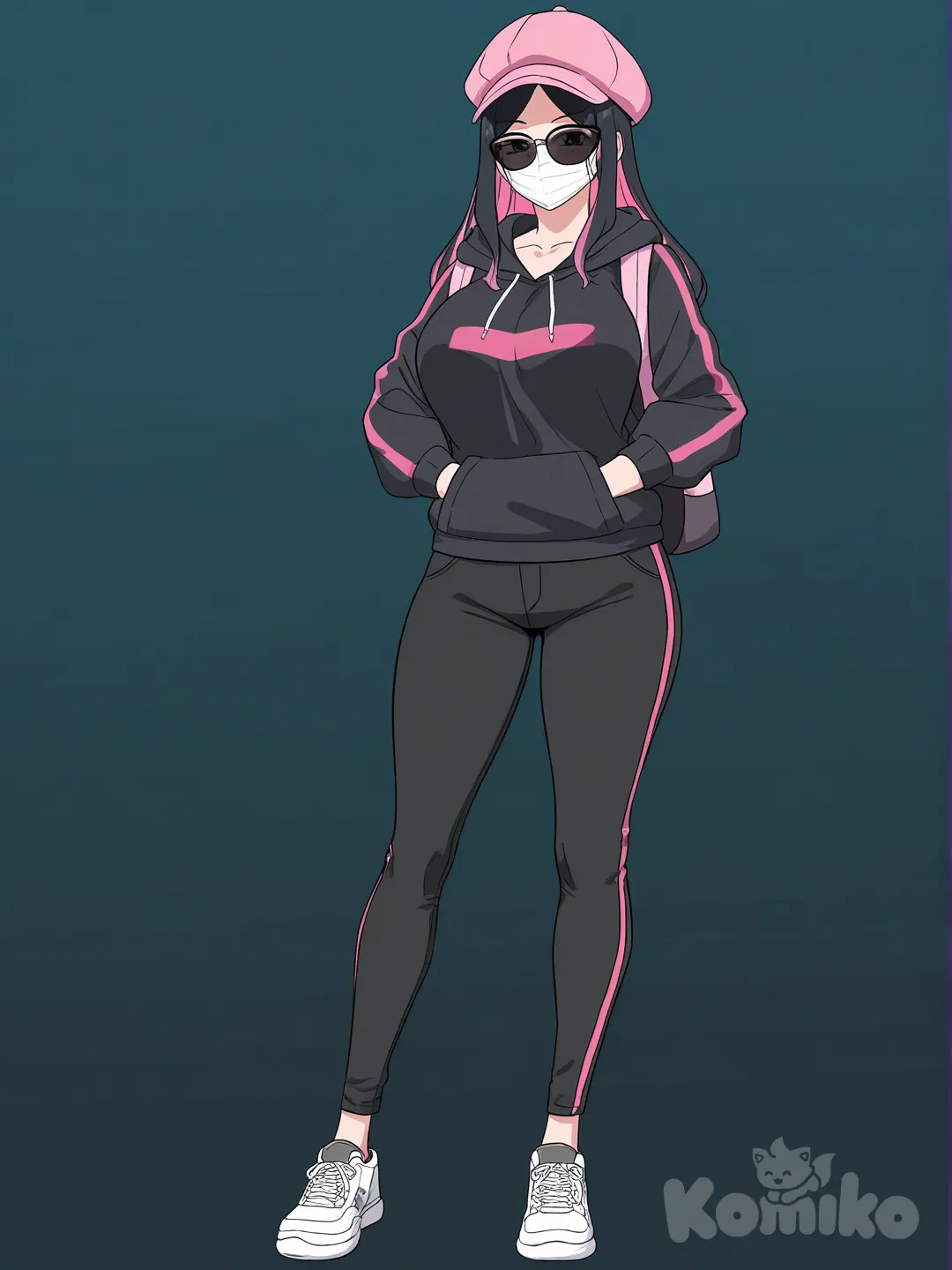 [bright-anime-style] 1girl, mature, curvy, tall_girl, long_hair, loose_hair, two-tone_hair, pink_hair, black_hair, pink_bangs, black_eyes, fair_skin, black_hoodie, black_jeans, pink_cap, pink_decoration, black_backpack, surgical_mask, black_sunglasses, casual, solo, full_body, looking_at_viewer, anime_style, simple_background, city_background