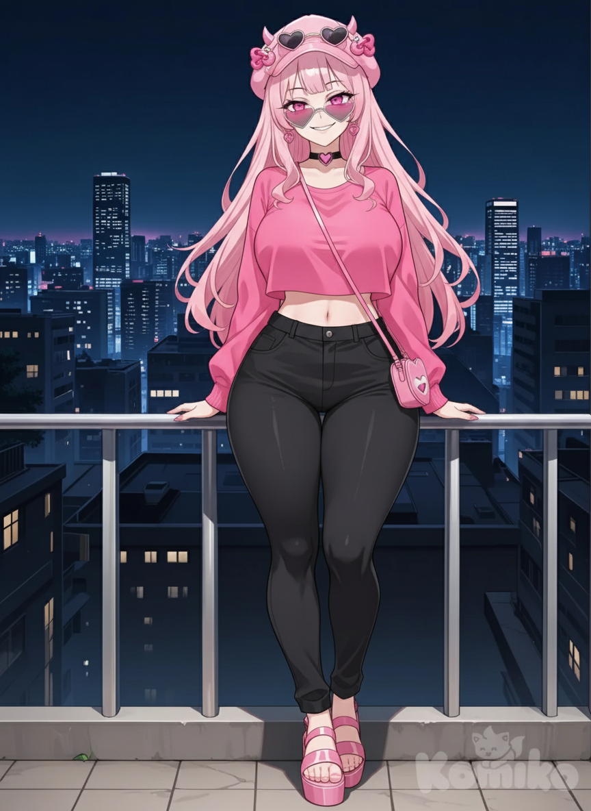 1girl_pink_demon, mature, curvy, tall_girl, natural_long_pink_hair, black_wide_flaps_bang, pink_eyes, fair_skin, hot_pink_crop_top, black_chinos, pink_cap, pink_decoration, pink_heart_purse, neon_pink_heart_sunglasses, heart_choker, pink_wedge_sandal, evil, smile, casual, solo, full_body, looking_at_viewer, anime_style, city_background