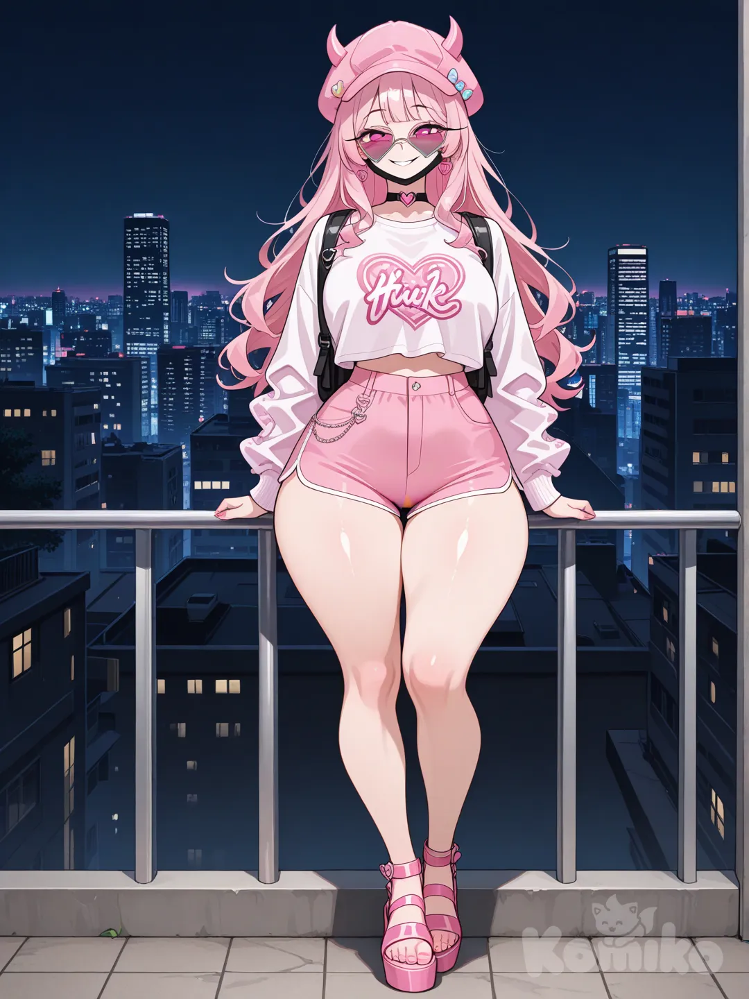 1girl_pink_demon, mature, curvy, tall_girl, natural_long_pink_hair, black_wide_flaps_bang, pink_eyes, fair_skin, hot_pink_crop_top, black_chinos, pink_cap, pink_decoration, black_backpack, surgical_mask, neon_pink_heart_sunglasses, heart_choker, pink_wedge_sandal, evil, smile, casual, solo, full_body, looking_at_viewer, anime_style, city_background